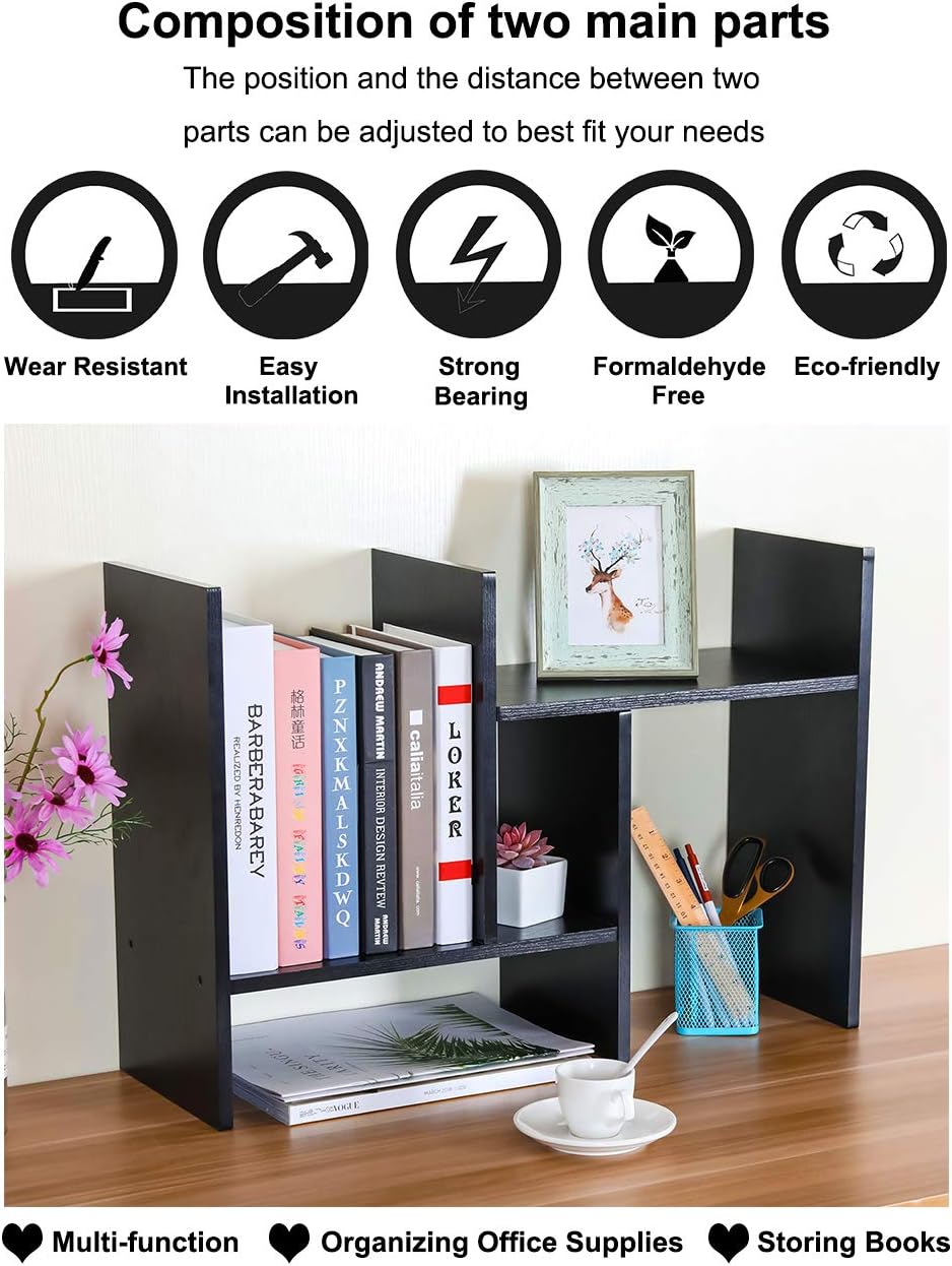 PAG Adjustable Desktop Shelf Wood Small Bookshelf Desk Supplies Organizers and Accessories Storage Display Rack Office Decor, Black
