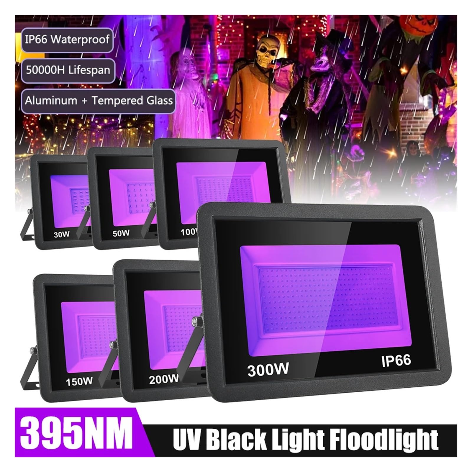 Naświetlacze LED, 150W UV 395nm Czarne Światło, Ultrafioletowe Światło Halonowe, Halloween Xmas Glow Party Fluorescencyjny Plakat Etap Taniec Dyskotekowy Wystrój Akwarium Jasne światło Robocze (Color
