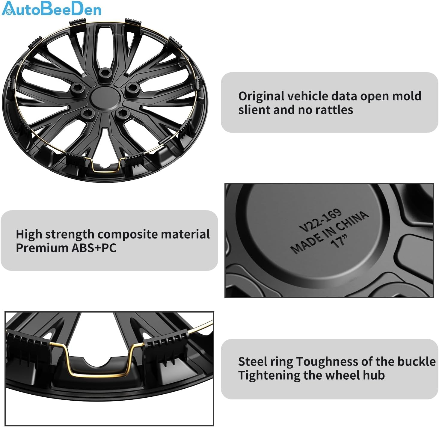 4 Pack Universal Hubcaps Replacement R17 17 inch, Steel Wheel Rim Cover for Most Auto, 17" 17 in Wheel Covers Hub Caps (Gray+Black Color, 17 inch)