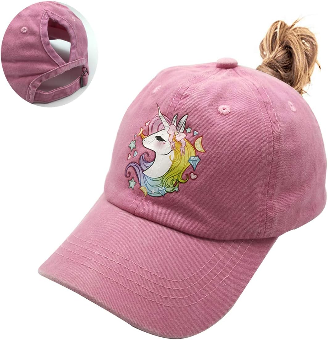 Waldeal Girls' Adjustable Cute Unicorn Ponytail Cap, High Buns Baseball Dad Hat for 3-12 Years - Image 2