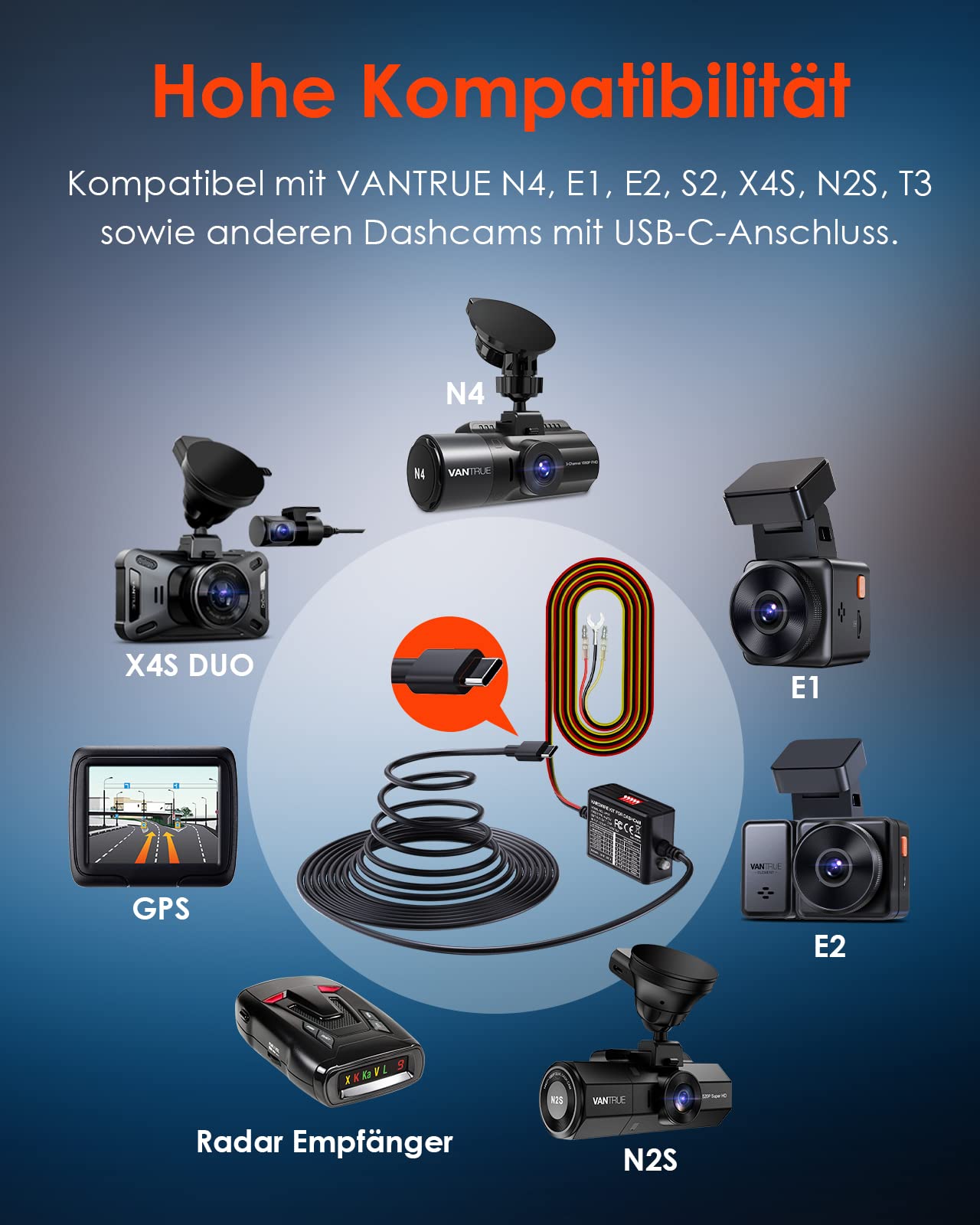 VANTRUE Kit de cableado USB-C de 5 Niveles y 11,5 pies con Acceso para Todas Las cámaras CDashcam USB, 6 configuraciones de Tiempo de grabación, 12 V-24 V a 5 V, 24 Horas. Modo de estacionamiento