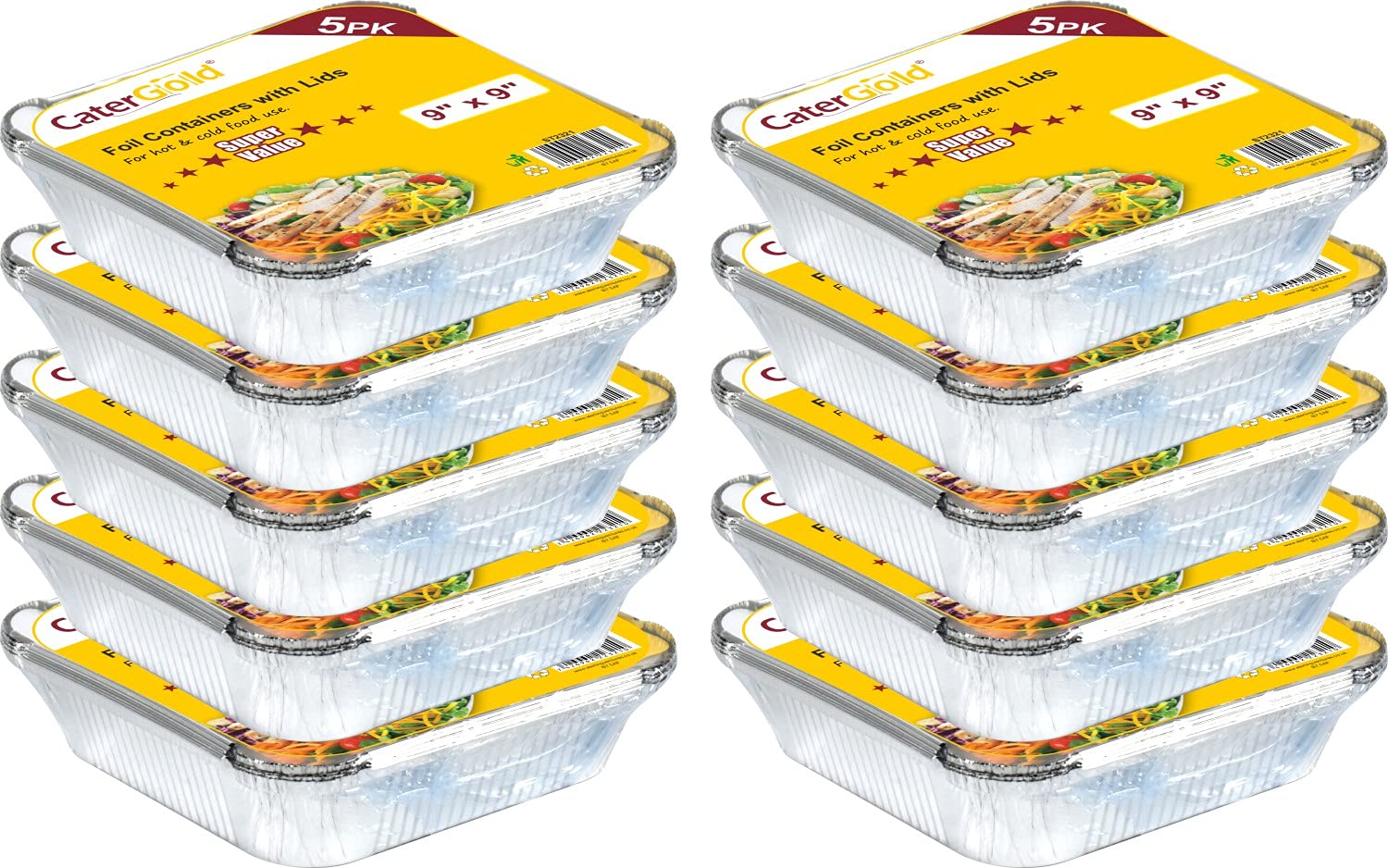 Catergold Silver Aluminium Food Container With Lid Foil Food Tray Disposable Reusable Aluminium Food Foil Roasting Tray (50Pcs Value Pack 9''X9'')