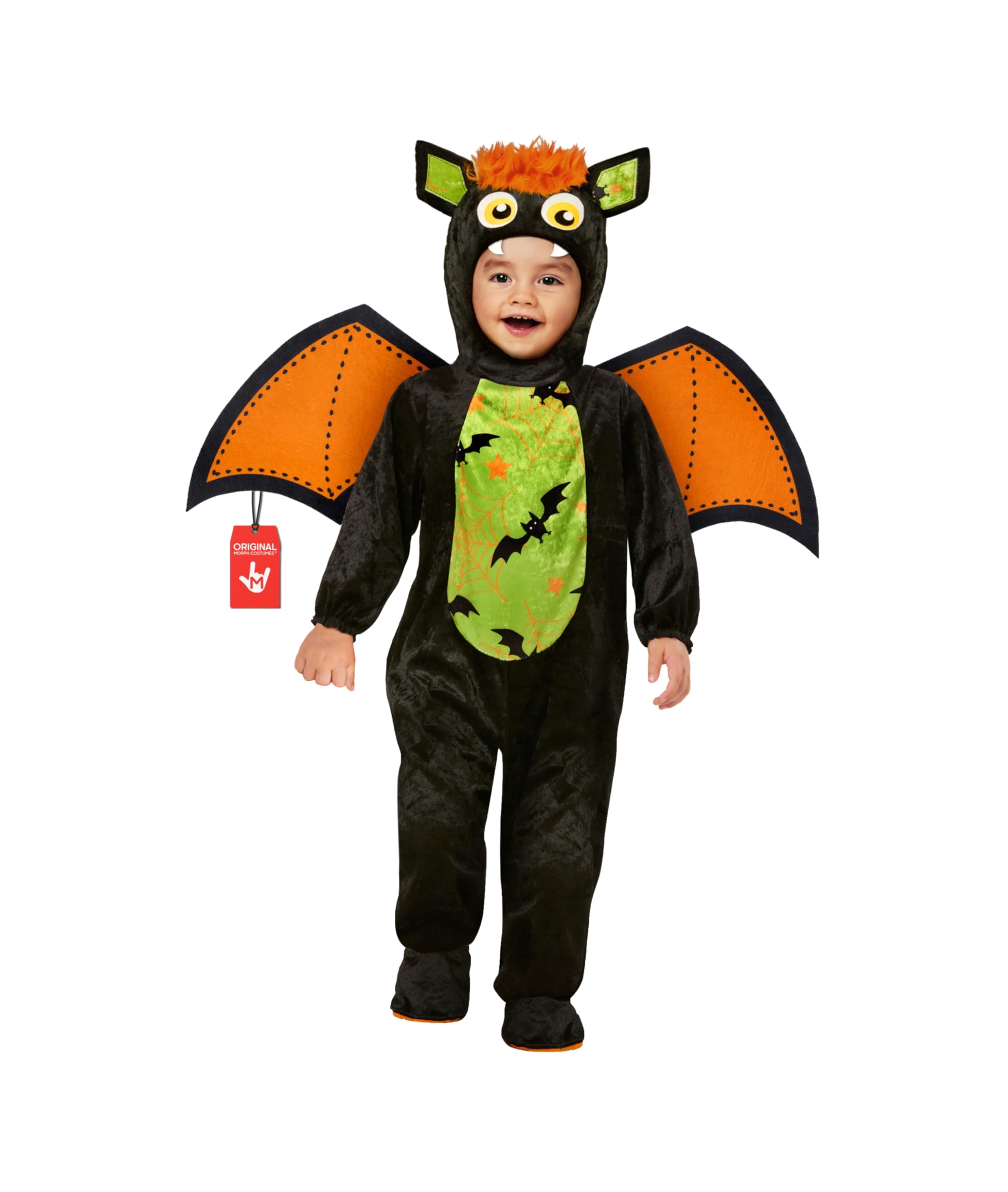 Morph Costume Pipistrello Bambino, Costume Halloween Nero | Body, Cappuccio, Ali & Copriscarpe, Design Nero e Verde, Perfetto per Halloween, Ideale per il Gioco di Ruolo