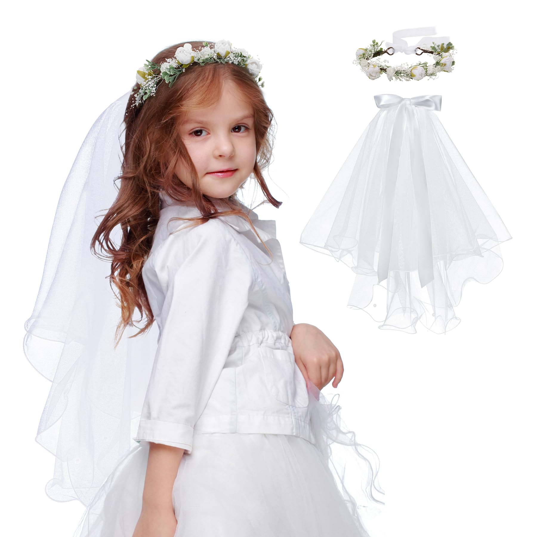 SWEETV 6 Pcs First Communion Veil Set for Girls 1st Communion Bow Veil Headpiece Accessories Set White Lace Veil Flower Crown