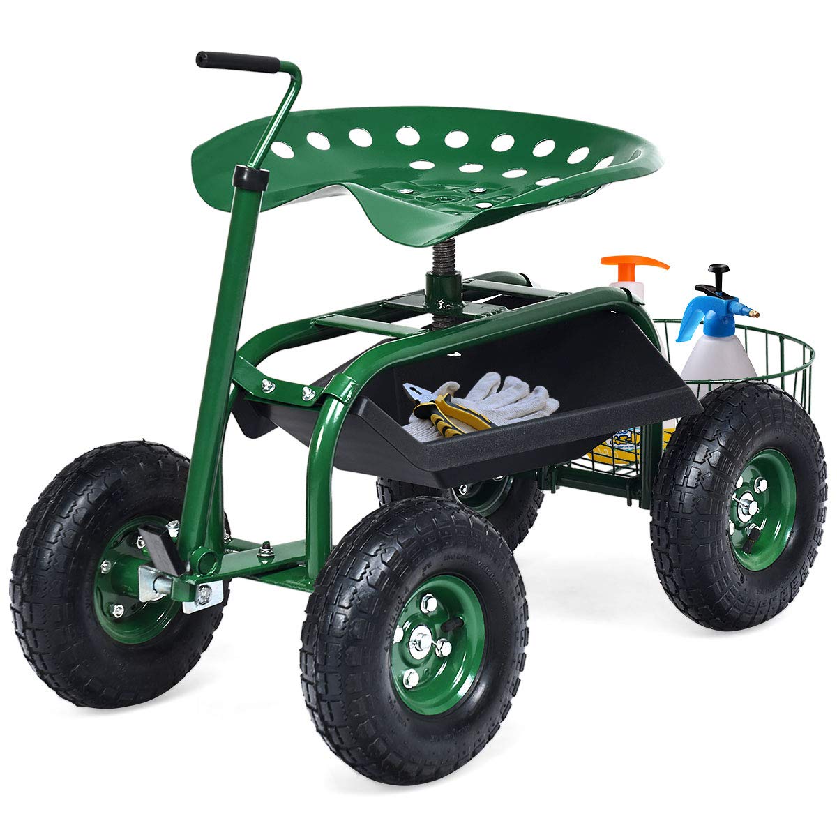 COSTWAY Rollsitz mit Rollen, Gartenwagen mit ausziehbarem Griff & Korb, 360 ° drehbar | höhenverstellbar| bis 150kg, fahrbarer Gartensitz, Gartenrollsitz für Gartenarbeit, Grün (96,5x47,5x47-55cm)