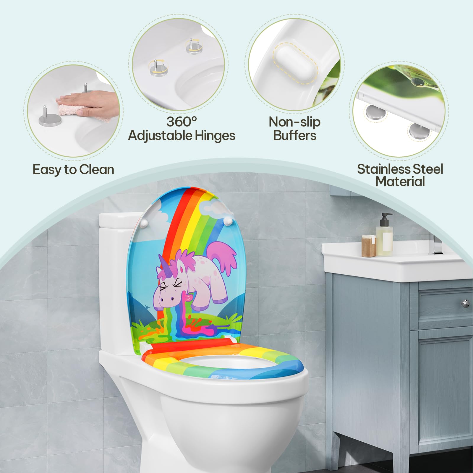 eSituro Toilettendeckel, WC Sitz mit Absenkautomatik, Klodeckel mit Schnellverschluss, 360° verstellbaren Scharnieren, Klobrille aus Duroplast, Regenbogen- und Einhorndruck