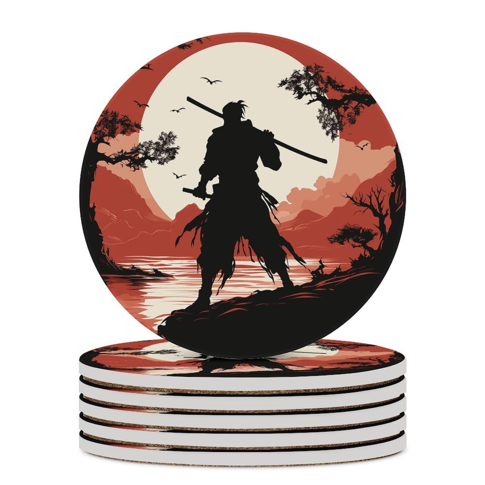 Khauerbc Style Samurai Drink Coasters With Holder For Coffee Table,Ceramic Coaster With Cork Base,Ceramic Stone Coaster For Iced Cold Or Hot Drinks,4.1 Inches