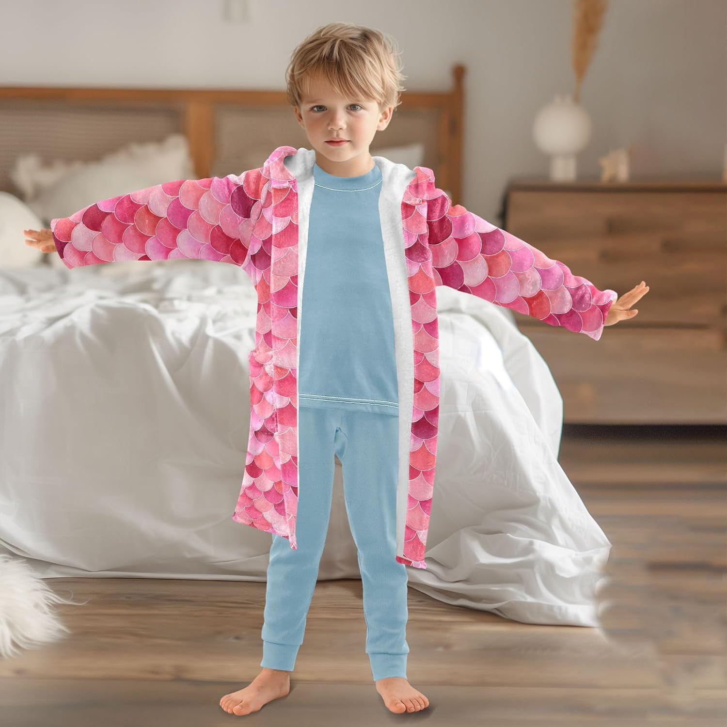Pink Scales Pattern Toddler Hooded Bathrobe for Boys Girls Soft Plush Bath Towel Robe 2-12 Years