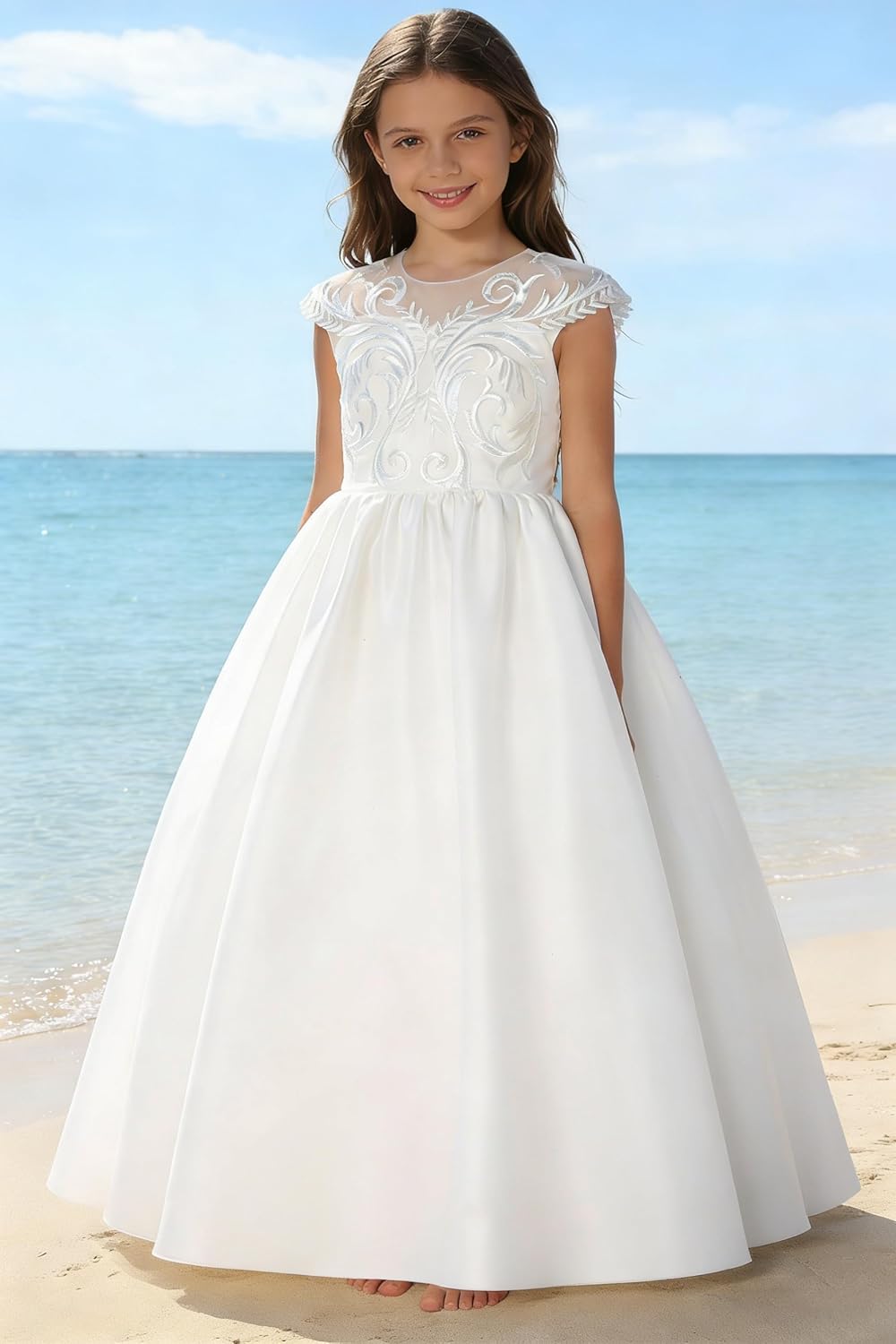Girls Pageant Princess Satin Flower Girl Dress Embroidery Tulle for Kid Bridesmaid Birthday Party Communion Formal Ball Gown