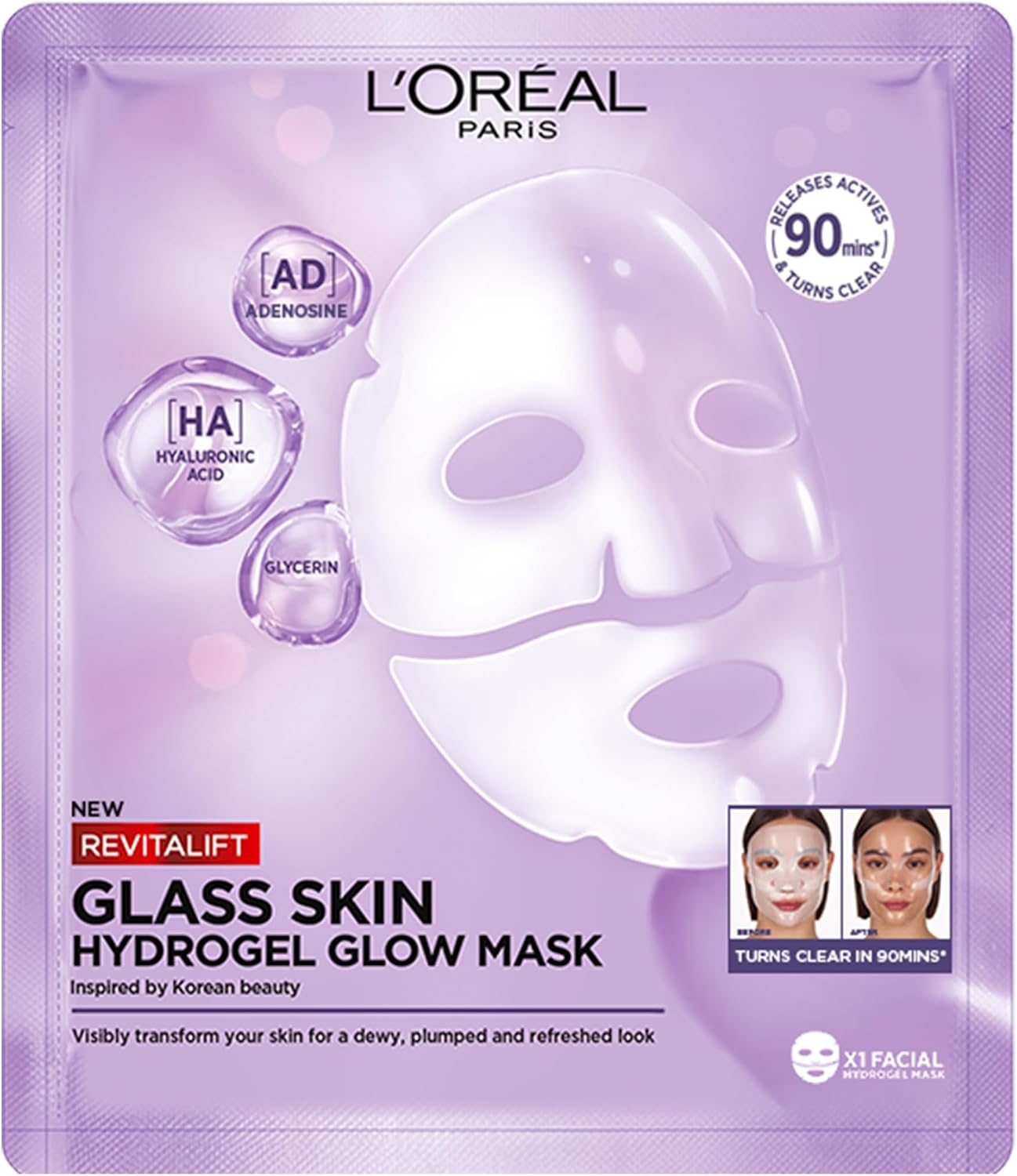 L'Oréal Paris Revitalift Filler Glass Skin, Rozświetlająco-Nawilżająca Maska Hydrożelowa