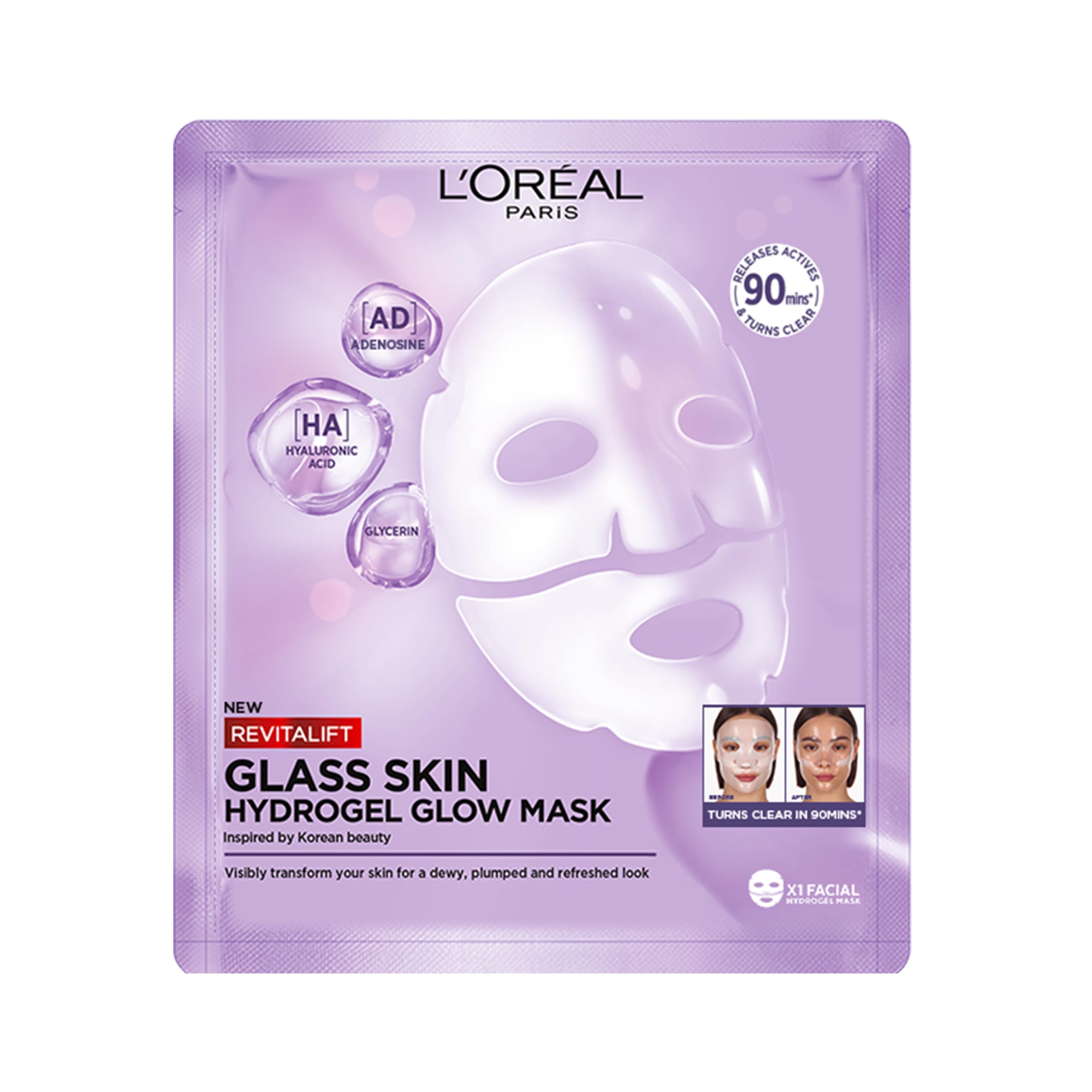 L'Oréal Paris Revitalift Filler Glass Skin, Rozświetlająco-Nawilżająca Maska Hydrożelowa
