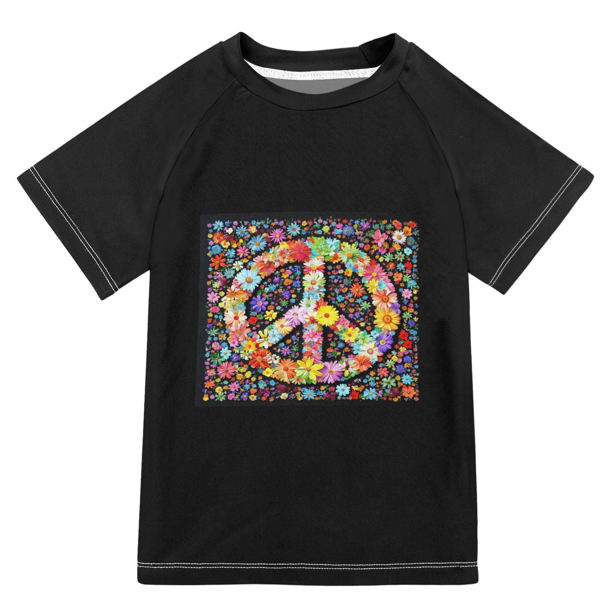 Flowers Peace Black Boy Bathing Suit UV Protection Tshirts Swimwear Beach Tops 3T