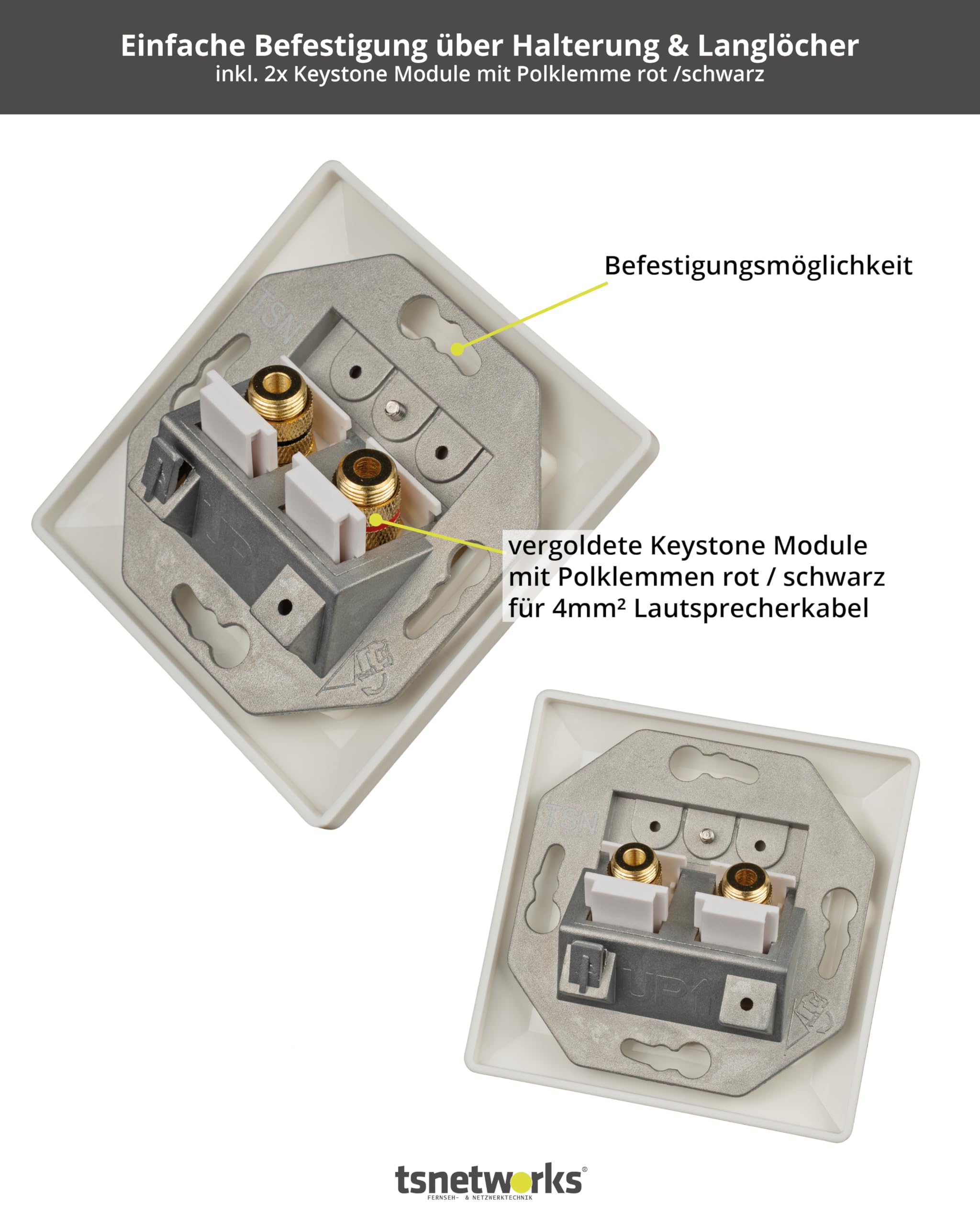 Głośnik Keystone Module czerwony/czarny z pokrywą 80 x 80 mm - 1 szt. w zestawie - zacisk biegunowy LS z zaciskiem śrubowym pozłacany, kompatybilny z wtyczką bananową