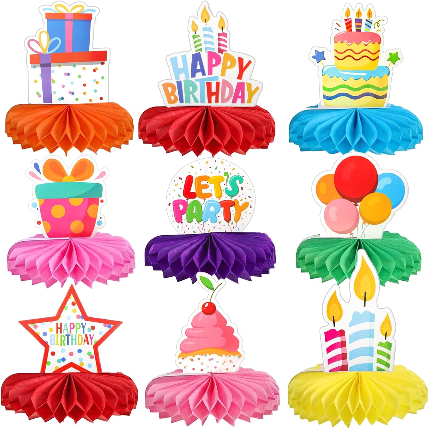 9PCS Birthday Party Decorations, Happy Birthday Table Decorations Colorful Birthday Honeycomb Centerpieces Decorations for Party 3D Design Birthday Table Decorations for Kids Adults