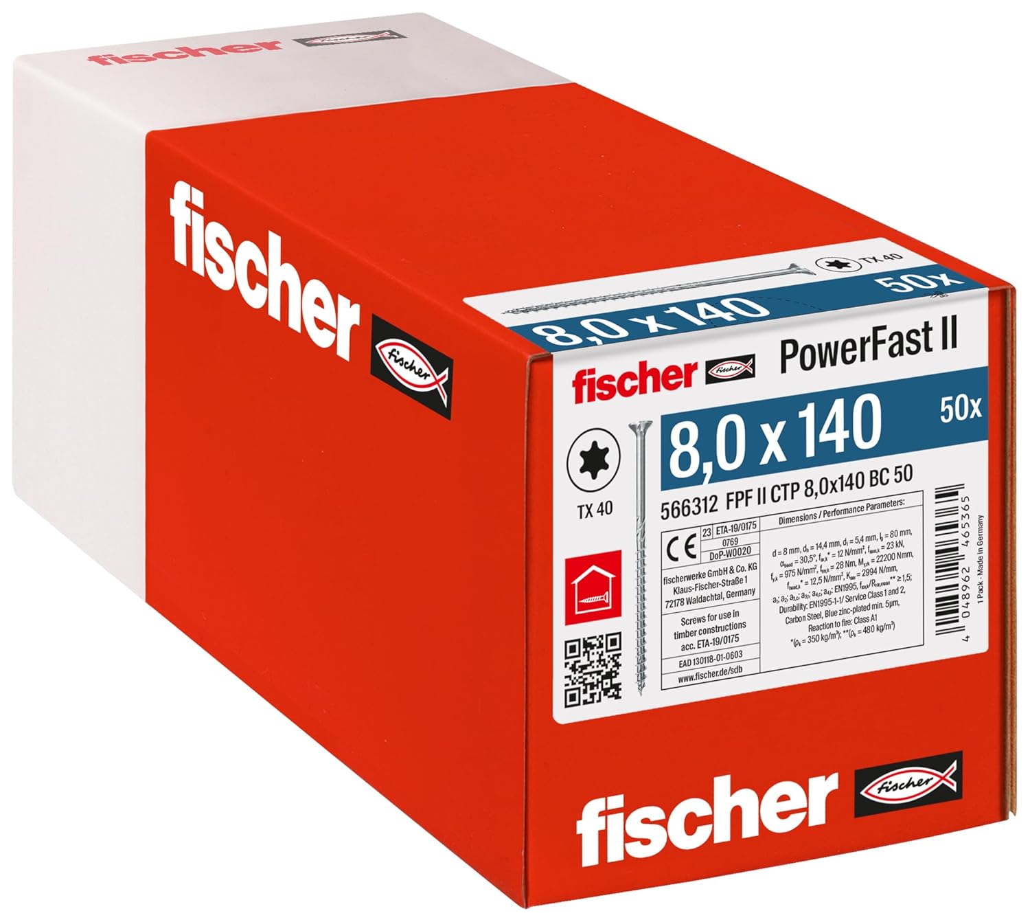 fischer PowerFast II CTP 8.0 x 140, powerful wood screws with countersunk head, inner star receptacle and partial thread, for constructive timber construction, pack of 50