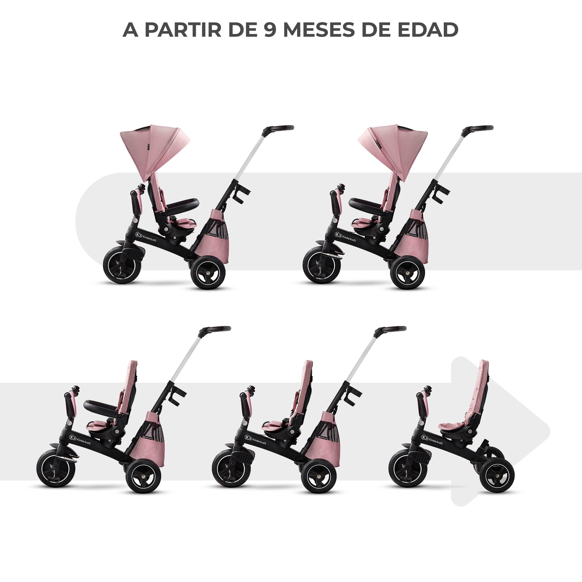 Kinderkraft EASYTWIST Triciclo Infantil, con Accesorios, Ventana de Techo, Cinturones de Seguridad, rotación de 360 Grados, Rueda Libre, Barra de Empuje, a Partir de 9 Meses hasta 5 años, Rosa