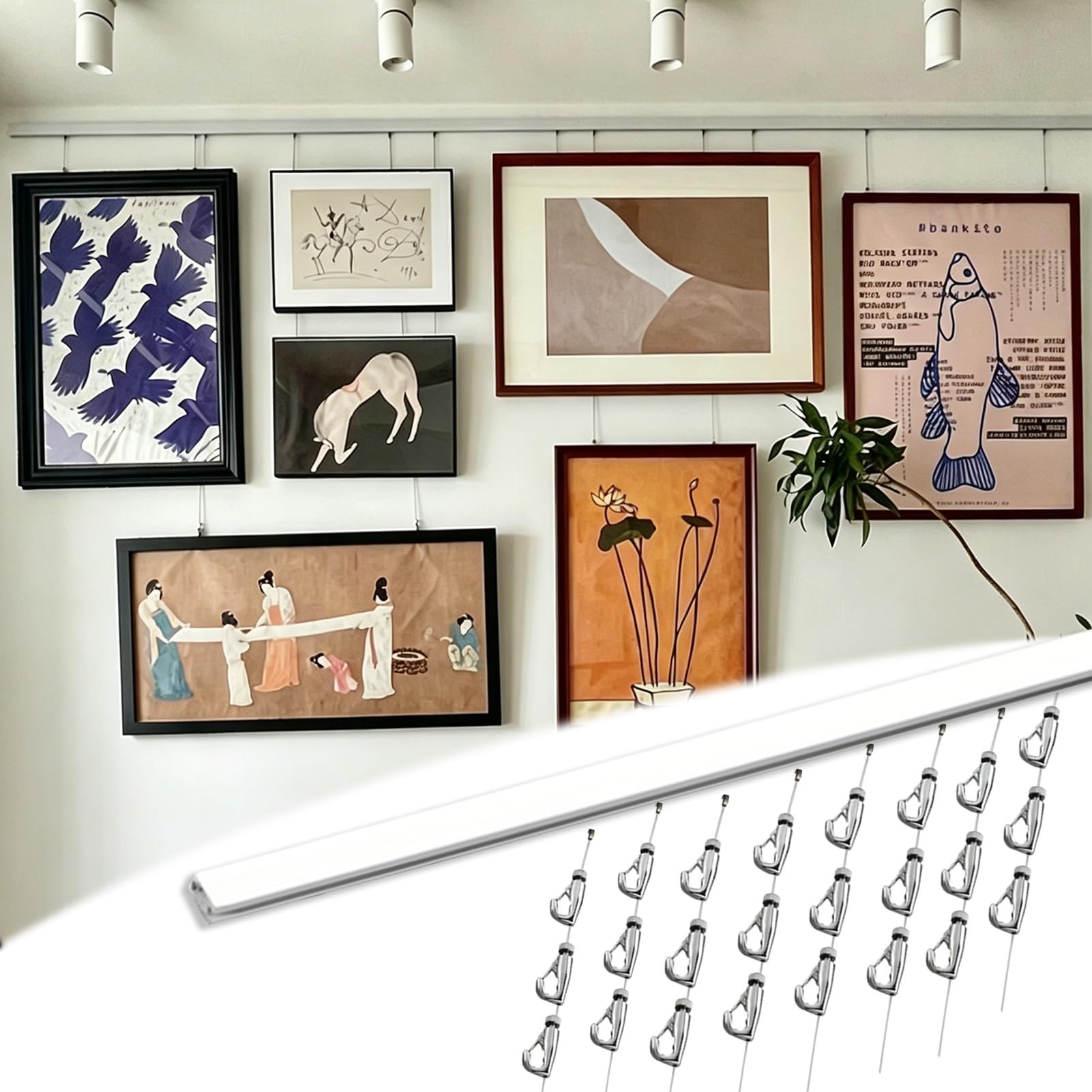 Cimaise pour Tableau Rail de Suspension avec Câble de 3 m et Crochets Multiples, Système d'accrochage Mural Moderne et Ajustable pour Tableaux, Rails d'affichage Photo(2pcs-9.8'/3mCab,24"/60cmTrk)