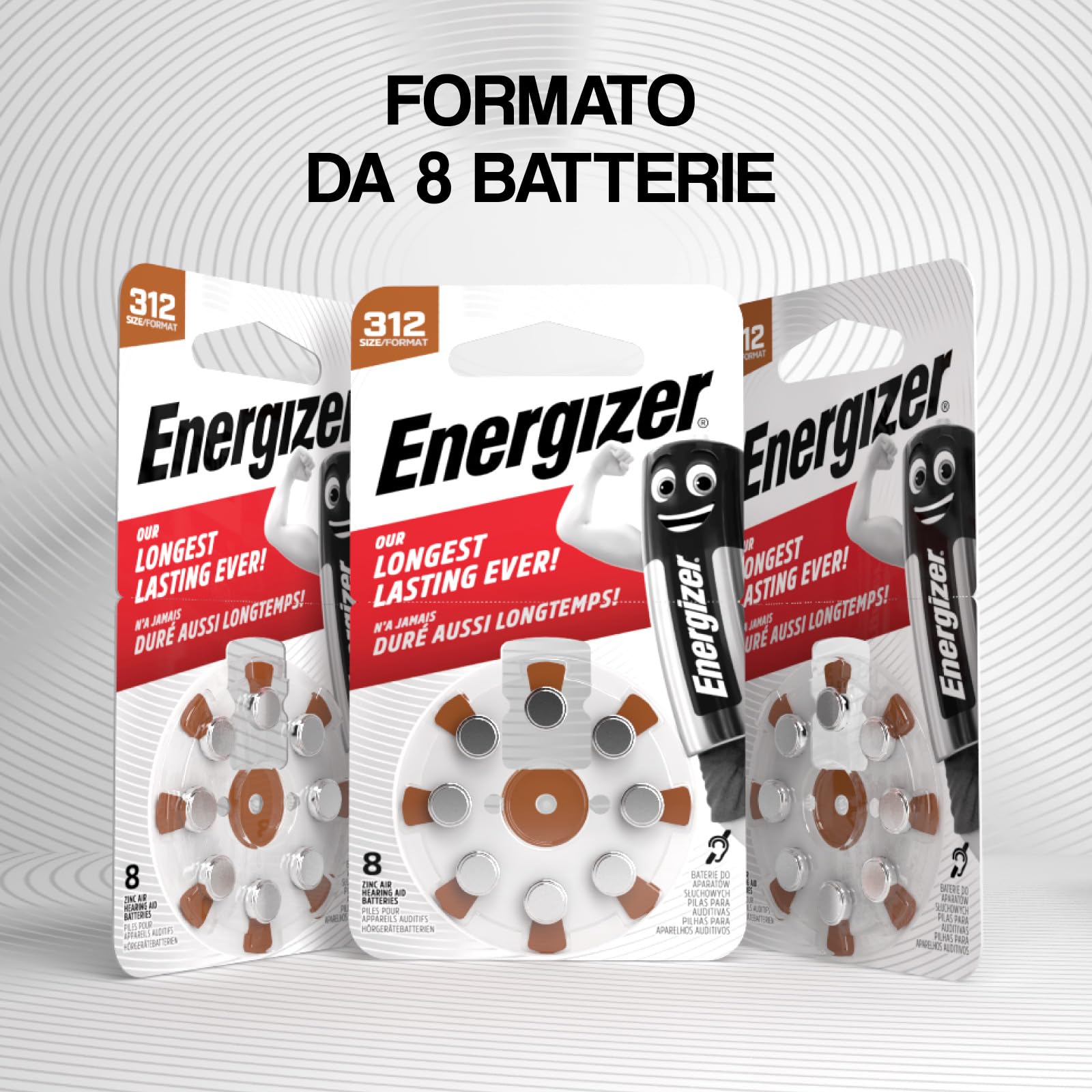 80 piles auditives Energizer pour appareils auditifs intra-auriculaires taille 312 marron sans mercure - 10 emballages de 8 piles