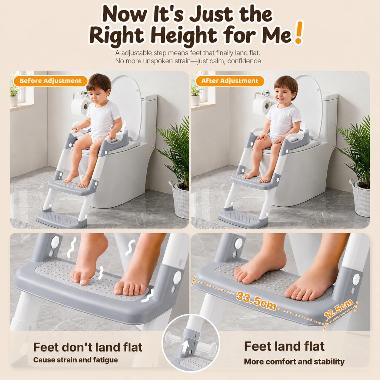 Reducteur Toilette Enfant - Rehausseur Toilette Enfant - Pédale Élargie Et Antidérapante | Facile À Monter Et Ranger | Hauteur Réglable | Anti-Éclaboussures | Poignée, Gris