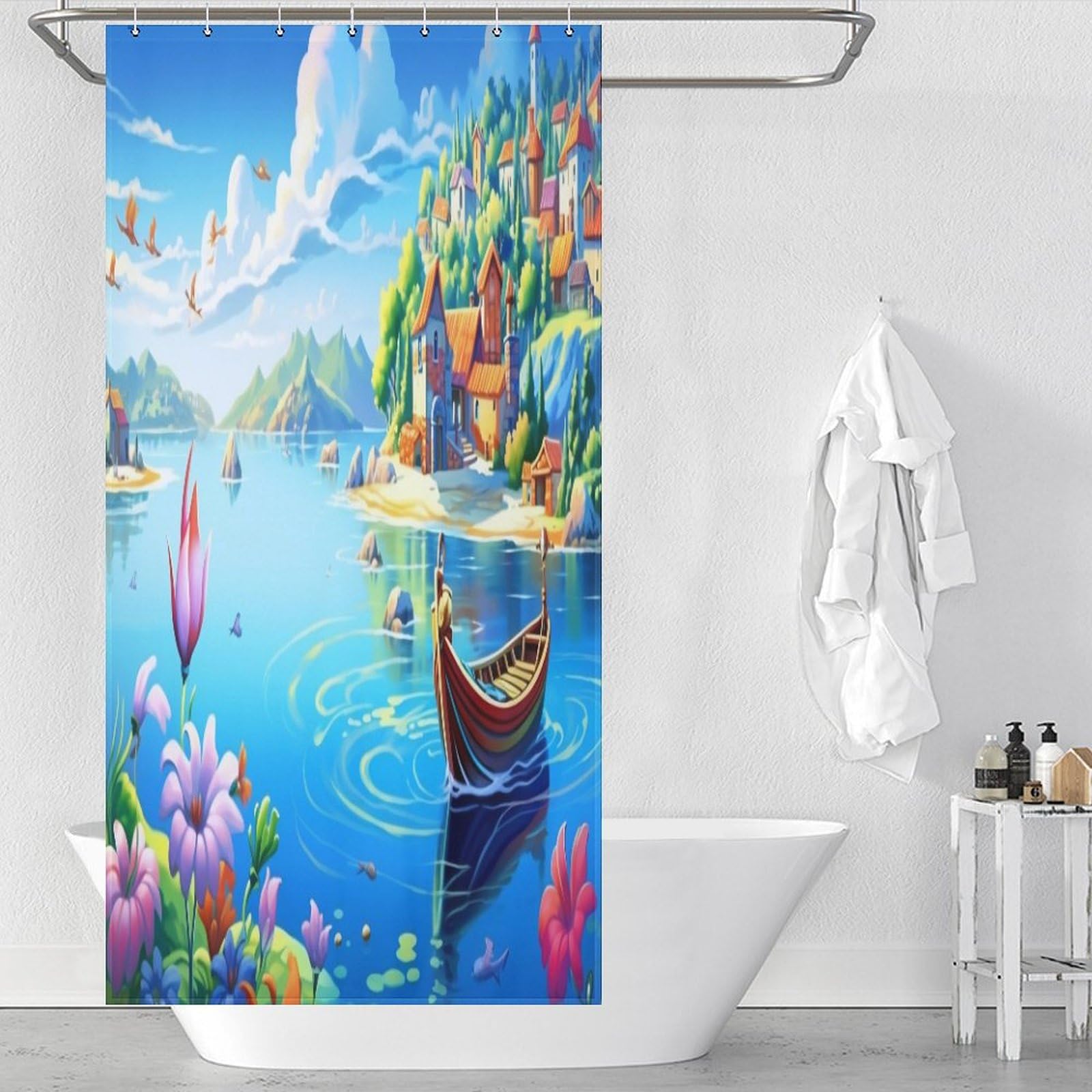 Rideau de douche imperméable Baie de Vacances 92x183 cm en polyester lavable pour petite baignoire