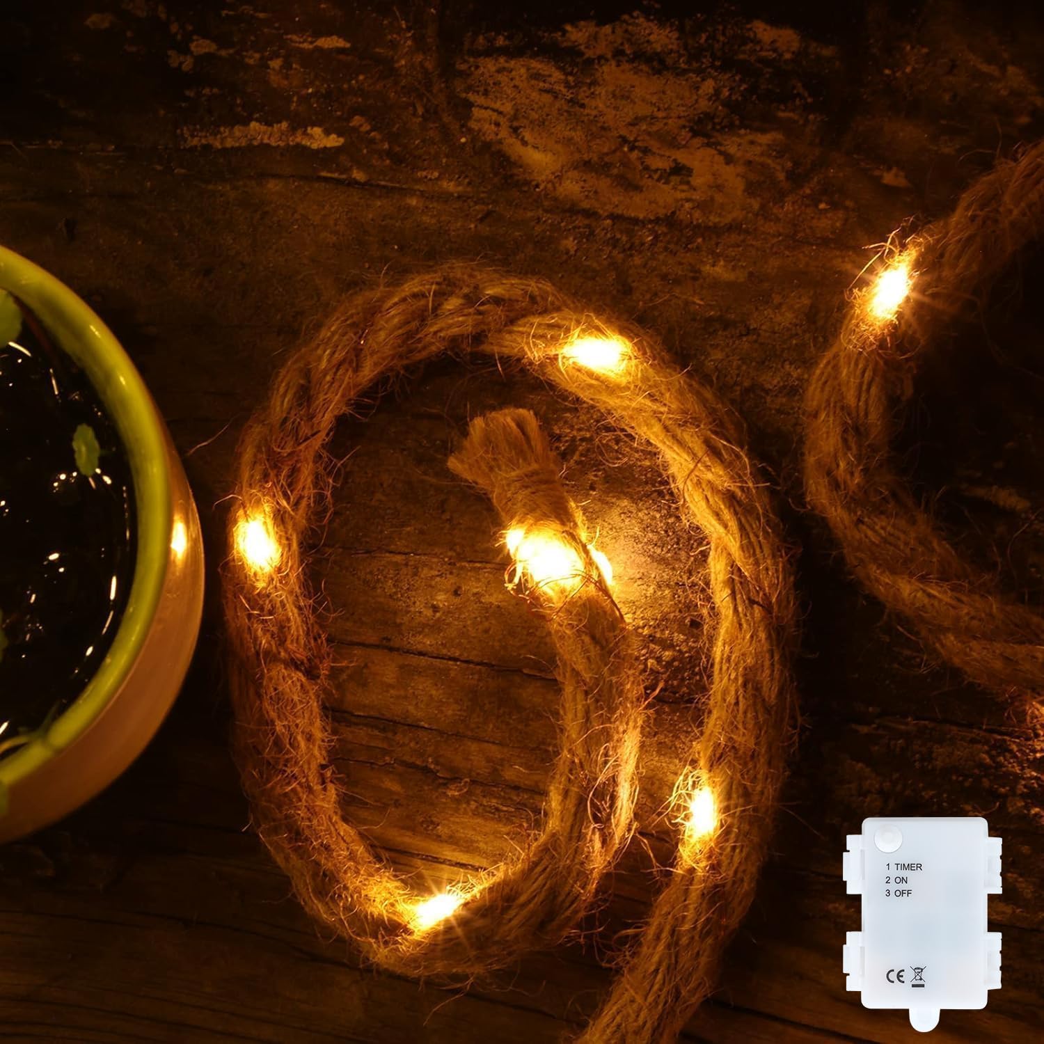Gresonic Hemp Rope Fairy Lights Battery Operated, 25LED 2m String Light Warm White Timer Waterproof Garden Outdoor Indoor Decor for Gazebo, Pergola, Christmas, Camping (Battery Operated, 25LED) — image 1