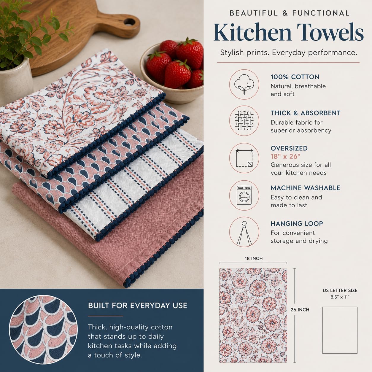 TARAN LIVING Printed Kitchen Dish Bar and Tea Towels Cotton, 18x28 inch with Trims, Cotton Dish Towel Sets (White & Peach, Set of 4) image 3