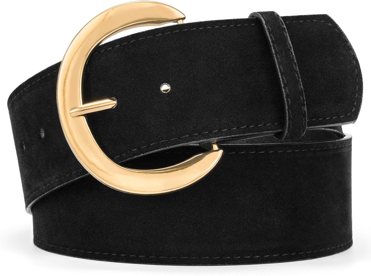 Retro Thick Wide Black Belt Women, Suede Belt for Dresses and Coat,Big Round Gold Buckle,Color Black