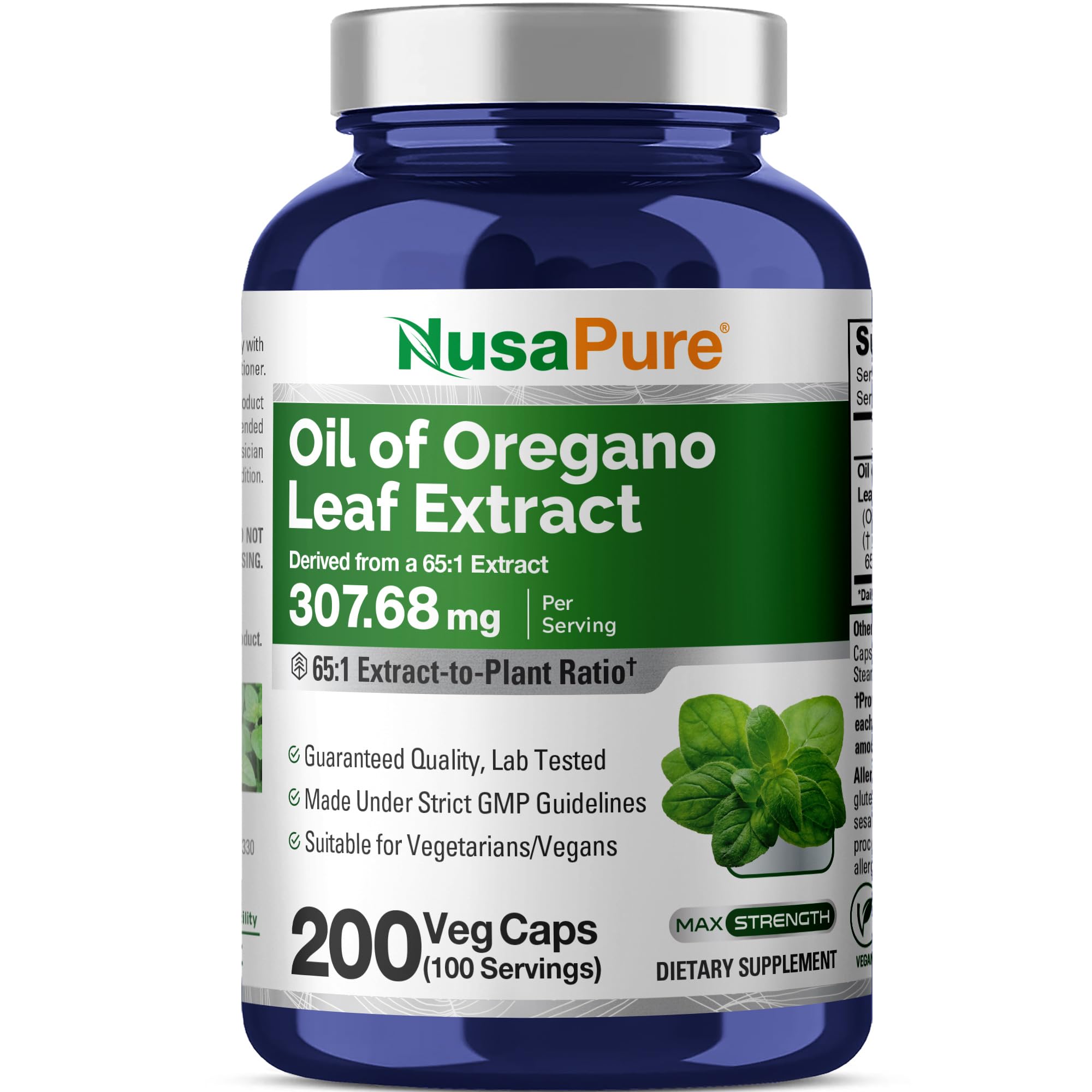 Oregano Oil Leaf, Non-GMO, Vegan, 307.68mg, 200 Veg Capsules - 100 Servings