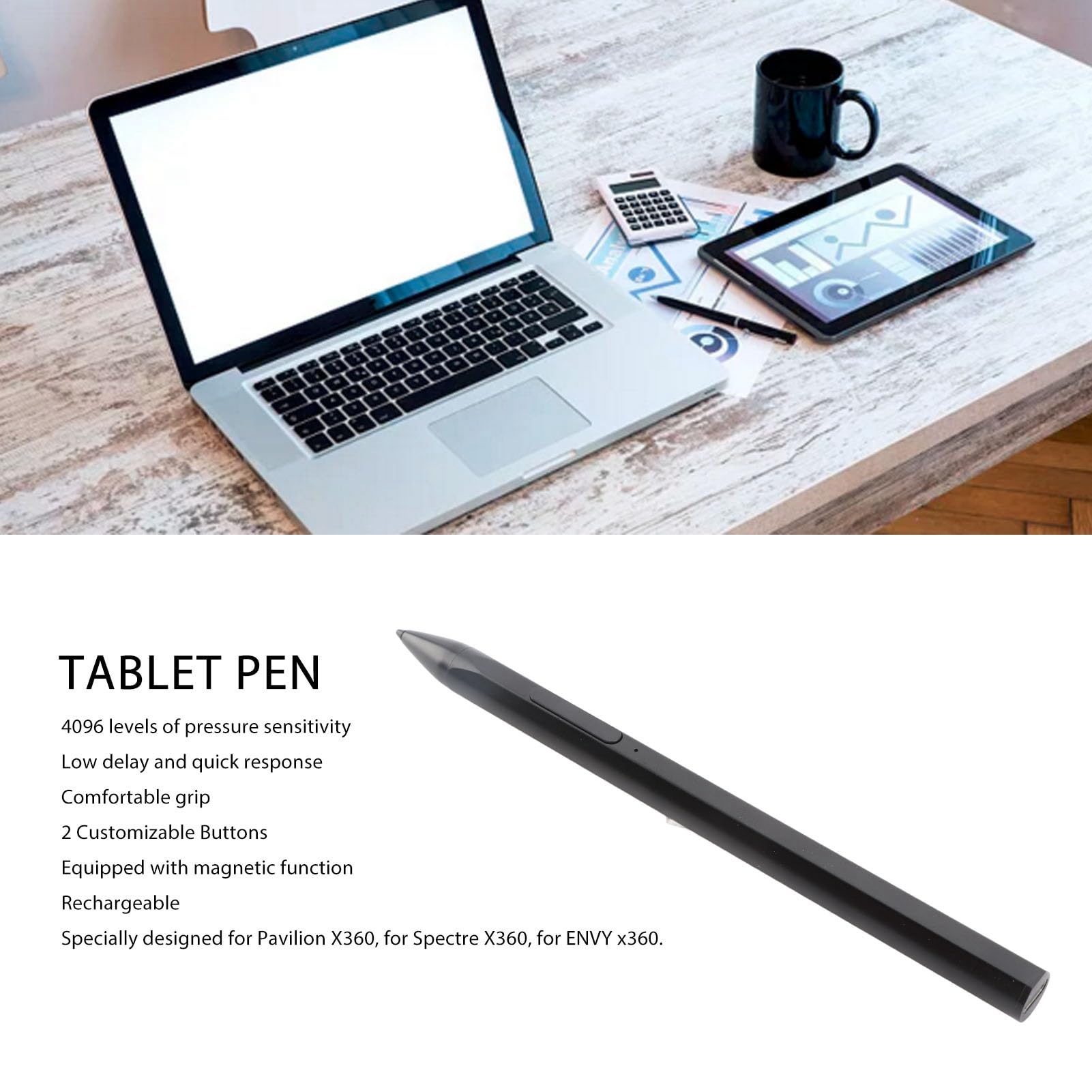 Bewinner Lápiz óptico MPP2.0 para Pavilion X360 y X360, Lápiz Digital de Presión 4096 con 2 Botones, óptico Recargable para Tableta de 100mAh