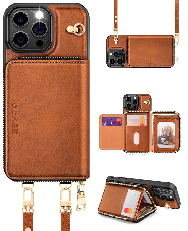 OCASE Cross-Body Wallet Case for iPhone 16 Pro Max RFID Blocking PU Leather Zipper Handbag Kickstand Folio Flip Case with Card Slots Holder Wrist Strap and Detachable Adjustable Lanyard-Brown by OCASE - Used condition - CA$23.64