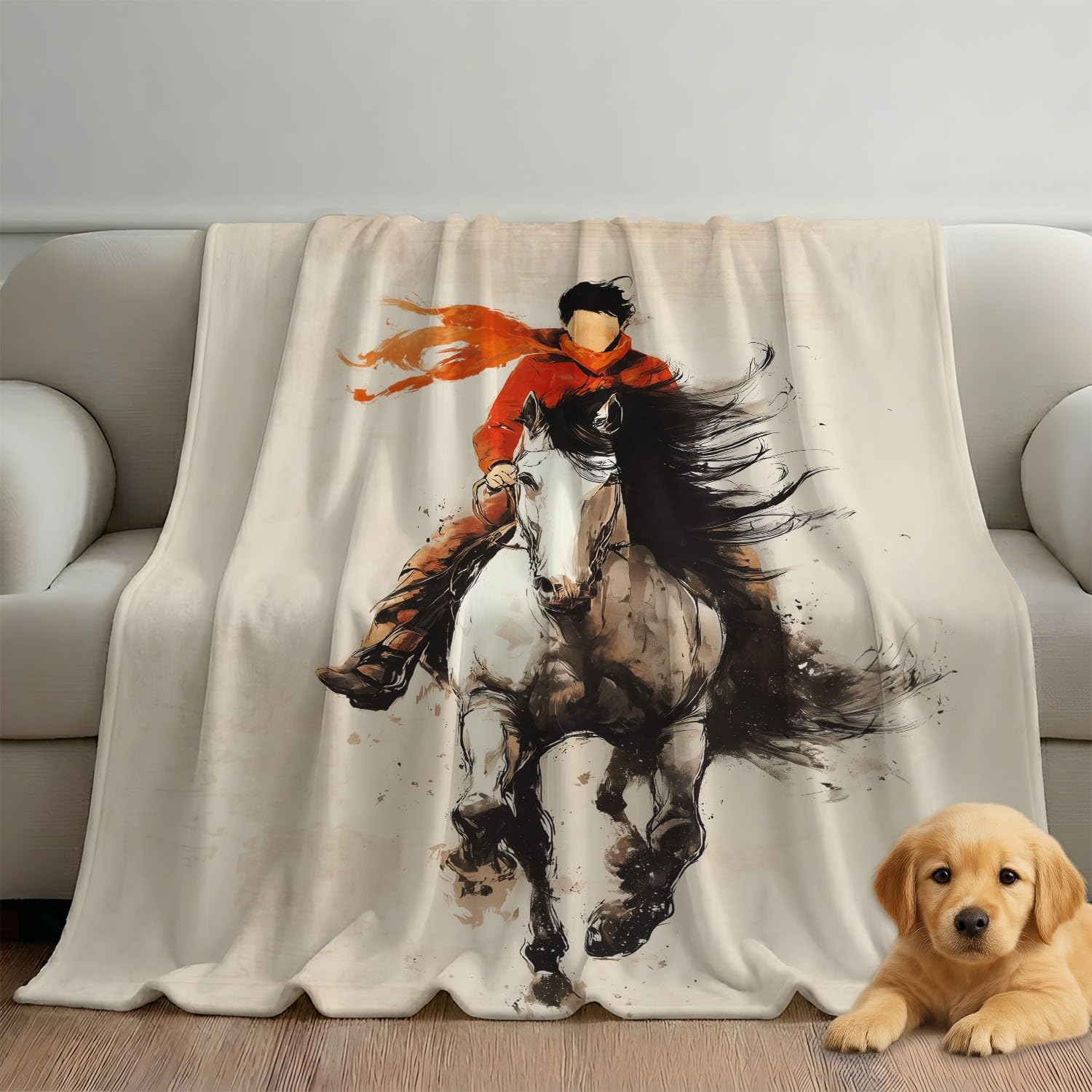 Przytulny koc flanelowy w stylu vintage, fantazyjny, koń, kowbojski, puszysty, miękki i ciepły, beżowy, koc na sofę, koc na kanapę, dla nastolatków i dorosłych, 150 x 200 cm