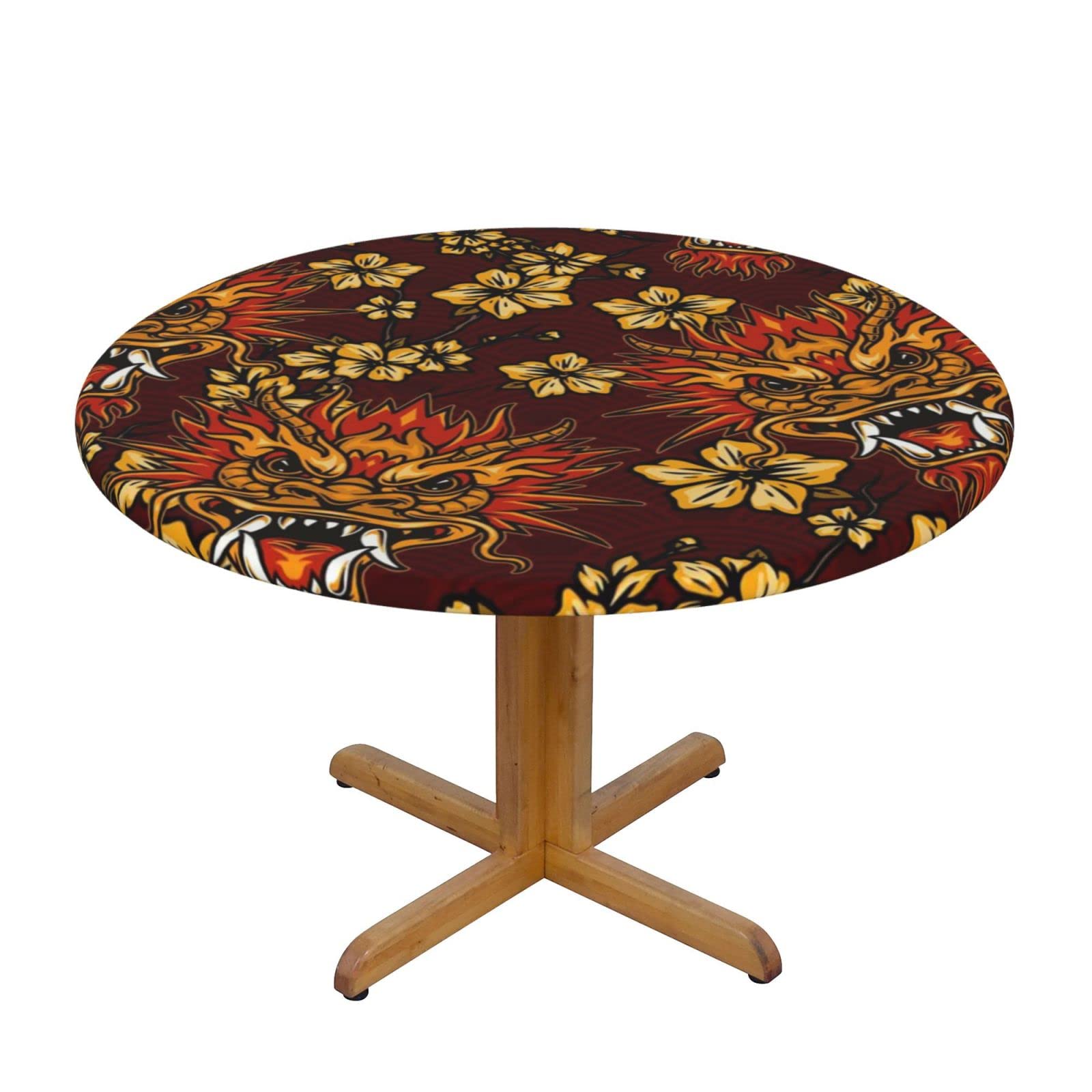 Lsjuee Round Fitted Tablecloth 45-50in Elastic Edged Table Cloth for Kitchen Dining Party Home Decor - Asian Style Dragon Floral Red