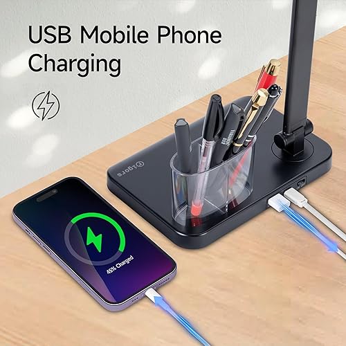 Miniatura 5 de rigors Lámpara de escritorio LED para oficina en casa, lámpara de mesa de escritorio con brazo oscilante doble con puerto de carga USB, lámpara de