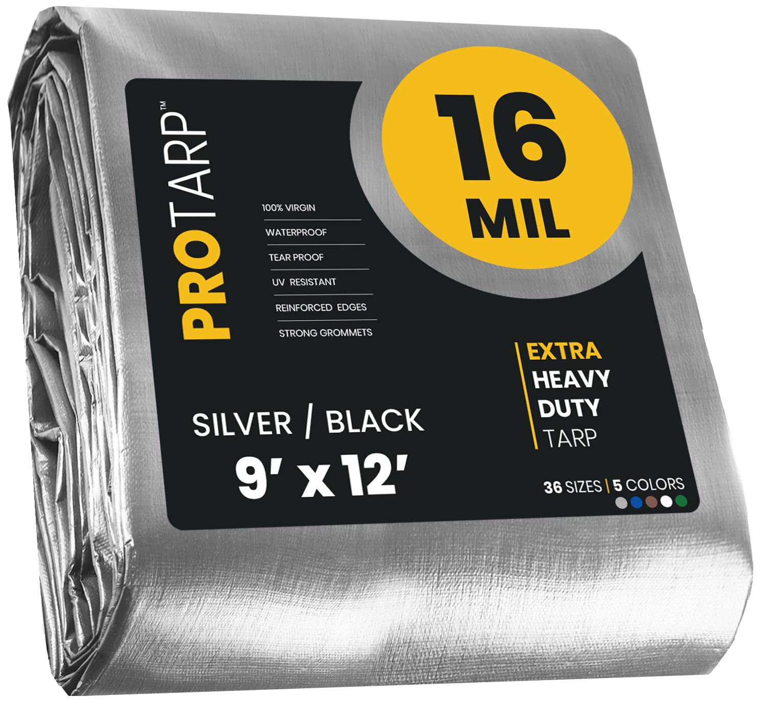 Extra Heavy Duty 16 Mil Tarp Cover, Waterproof, UV Resistant, Rip and Tear Proof, Poly Tarpaulin with Reinforced Edges for Roof, Camping, Patio, Pool, Boat. (Silver/Black 9′ X 12′)