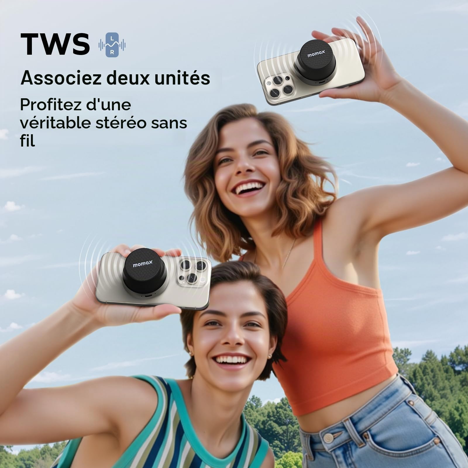 MOMAX Enceinte Bluetooth Ultra‑Portable sans Magnétique, IPX6 Étanche Mini Baffle Haut Parleur TWS‑Stéréo, 12 Heures d’autonomie, Enceinte USB‑C d'extérieur Compacte pour Fête ou Bureau