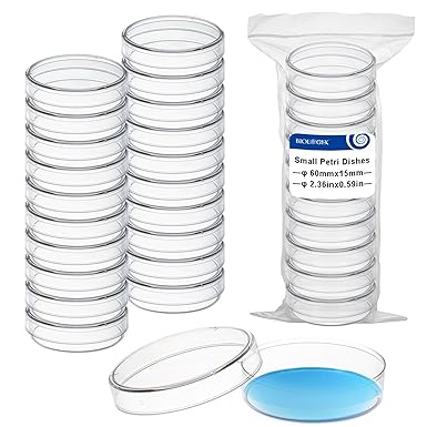 Science Plastic Petri Dishes with Lids, 30 Pack 60mm Dia x 15mm Sterile Culture Plates, Thick Clear Petri Dishes for Laboratory, Experiment, Myclogy, Biological Themed Party