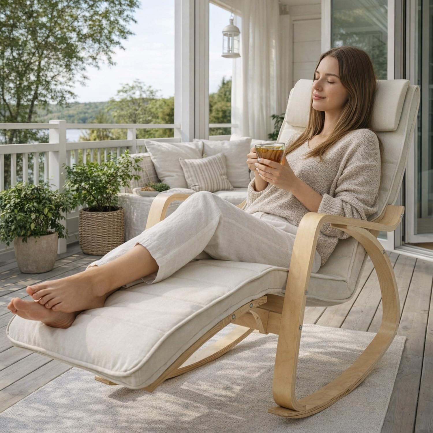 Poltrona A Dondolo Reclinabile In Legno E Metallo Con Poggiapiedi Regolabile 5 Posizioni Seduta Imbottita Sfoderabile Per Balcone Giardino Interno Esterno 121.5 x 55 x 84 Cm Beige