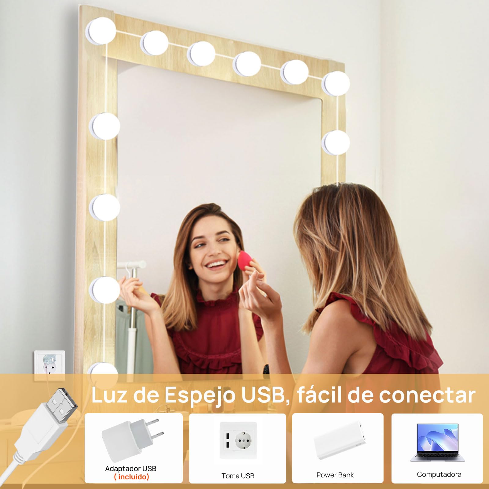 Akynite Lumière de Miroir Kit de 14 Ampoules avec Adaptateur, USB Câble Réglable, 3 Couleurs et 10 Intensités, Miroir LED Hollywood Dimmable, Lampe Coiffeuse Maquillage Make Up Eclairage Adhesif