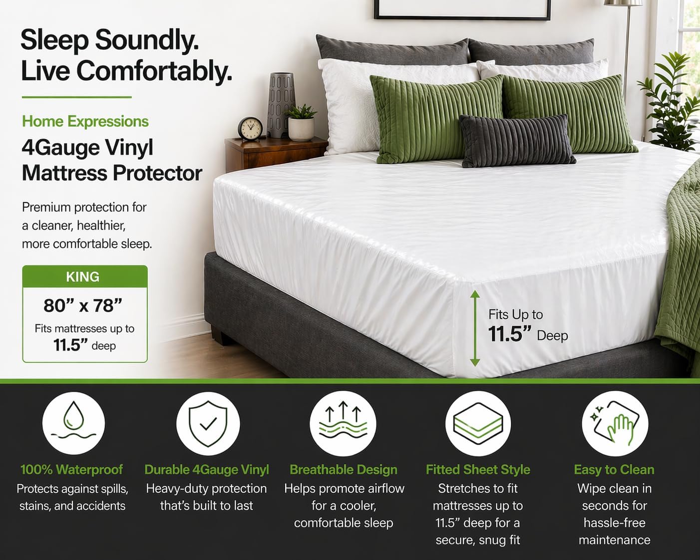 Home Expressions 4Gauge Vinyl Mattress Protector Fitted Sheet Style Waterproof Mattress Cover Breathable and Spill Protection Fits a Mattress Up to 11.5" Deep (King 80" x 78" x 11.5 Deep) image 2