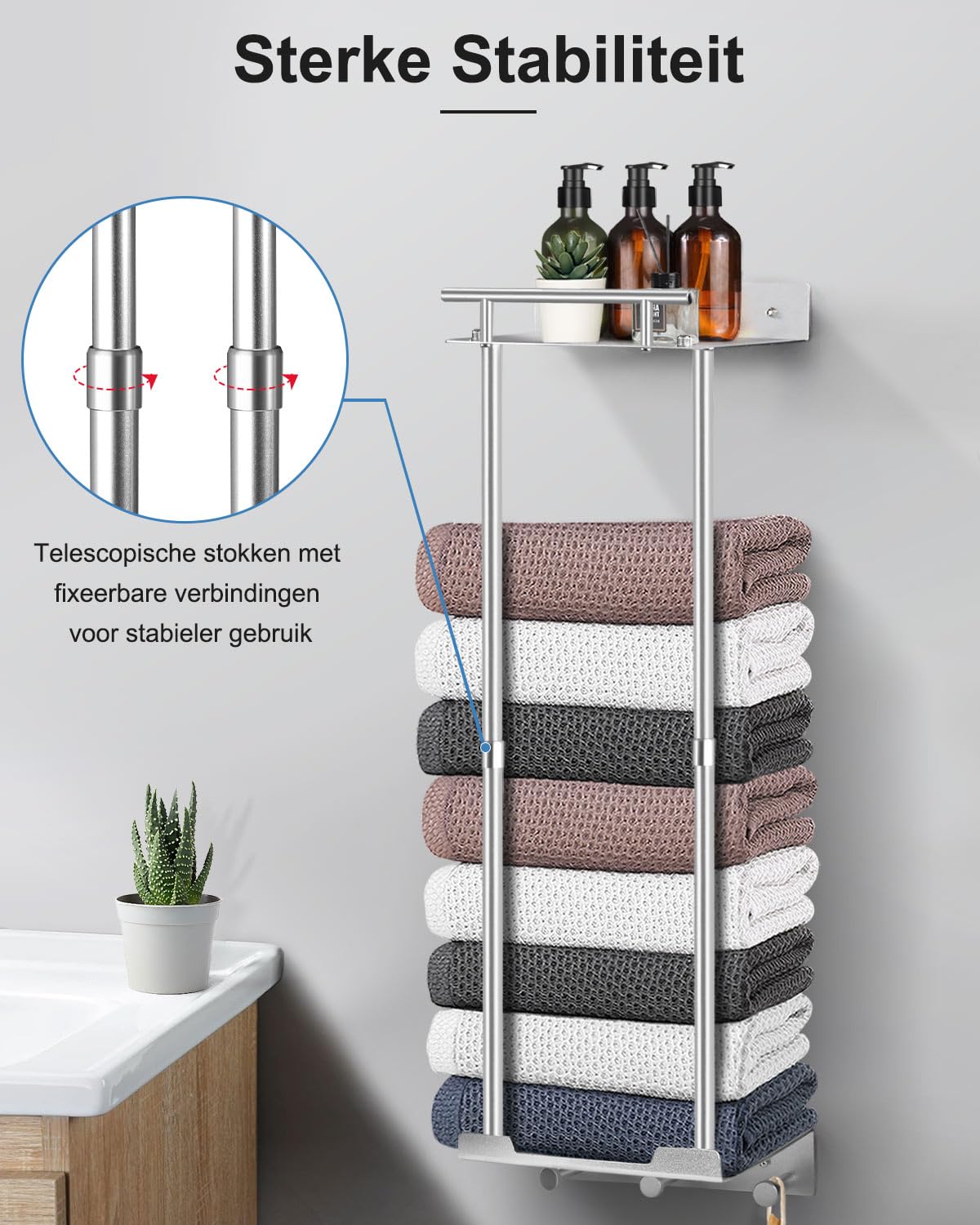 Handdoekhouder zonder boren, stabiele handdoekopslag voor de badkamer, handdoekhouder met haken, moderne badkameraccessoires voor handdoeken (wit 2