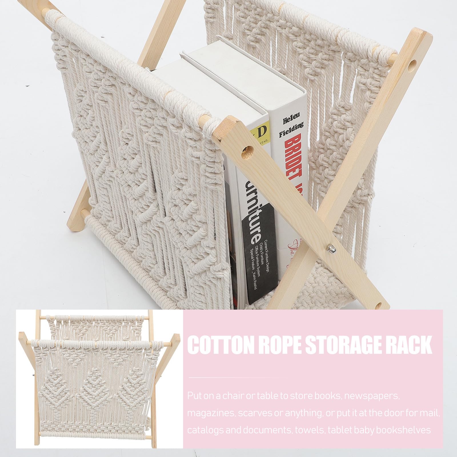 Portariviste Intrecciato in Corda di Cotone, Legno e Ferro Beige