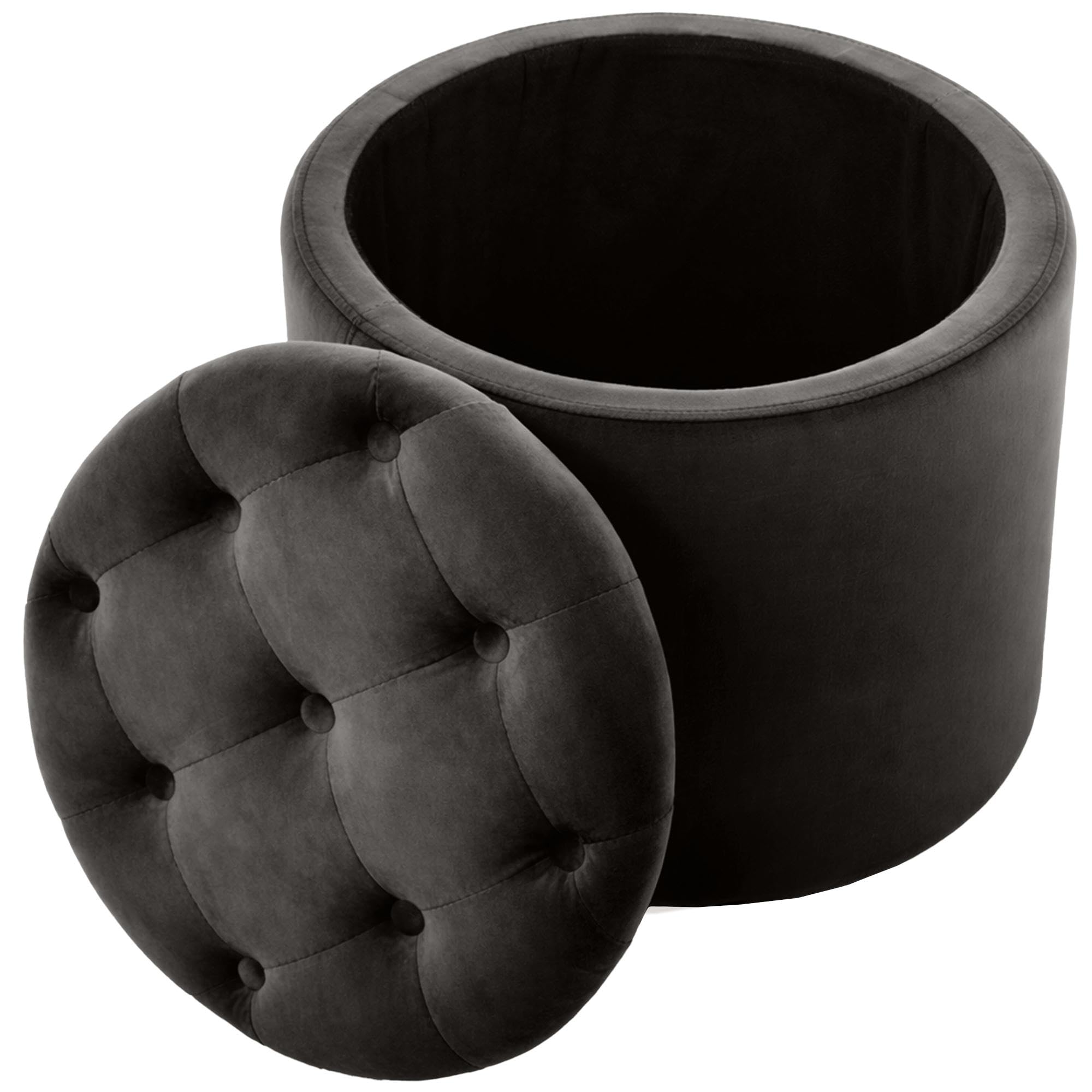 CLP Sitzhocker rund mit Stauraum Pantin, Fußhocker gepolstert mit Samtbezug, Hocker im Chesterfield Design für Wohnzimmer und Schlafzimmer Farbe grau