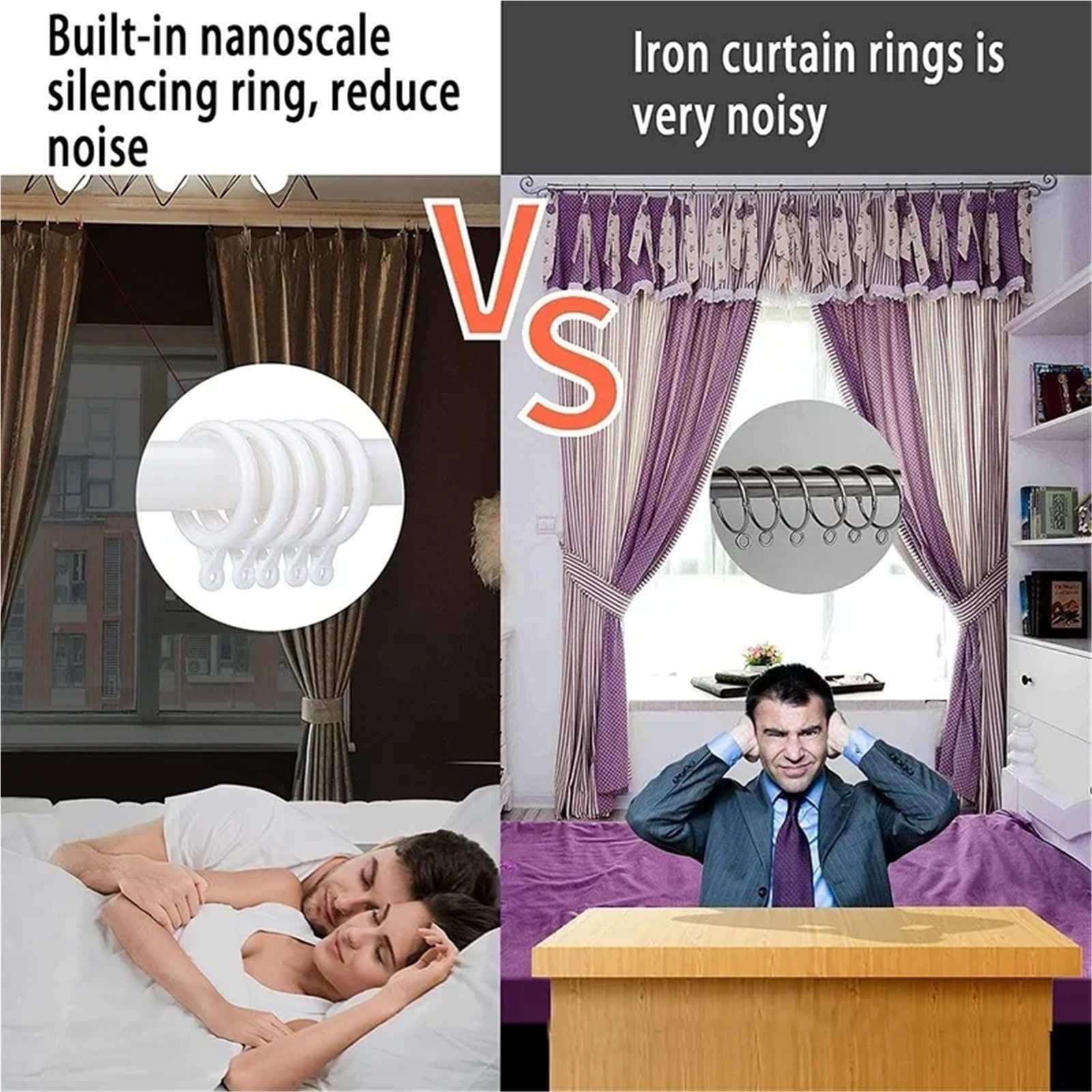 Anneaux de rideaux, Anneaux de rideau avec œillets 320 pièces crochets draperie en plastique sans bruit coulissant à l'échelle nanométrique silencieux accessoires noir et blanc(White)