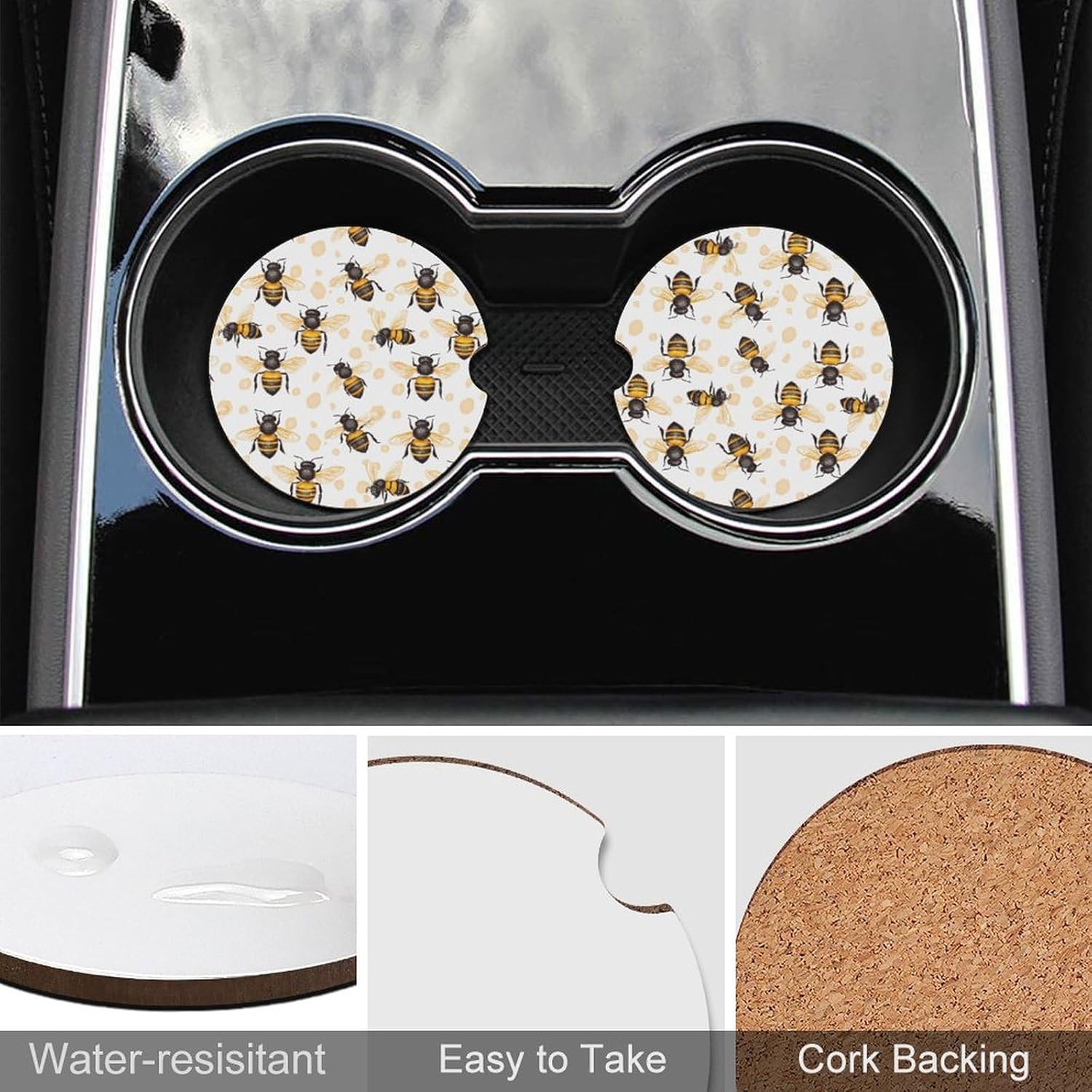 Honey Bees Cute Car Coasters 2.56 Inch Absorbent Cup Holder for Drinks Auto Interior Accessories