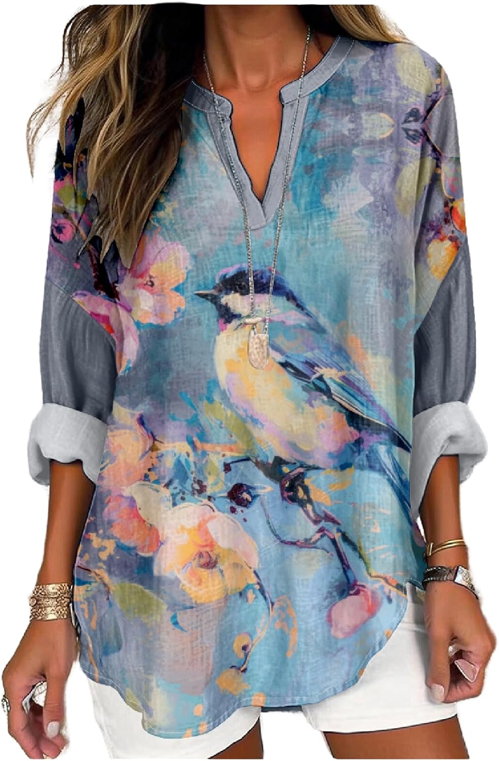 MARSVOVO Japanese Art Style Shirt for Women Long Sleeve Novelty Graphic Tops V Neck Oversize Vintage Causal Pullover