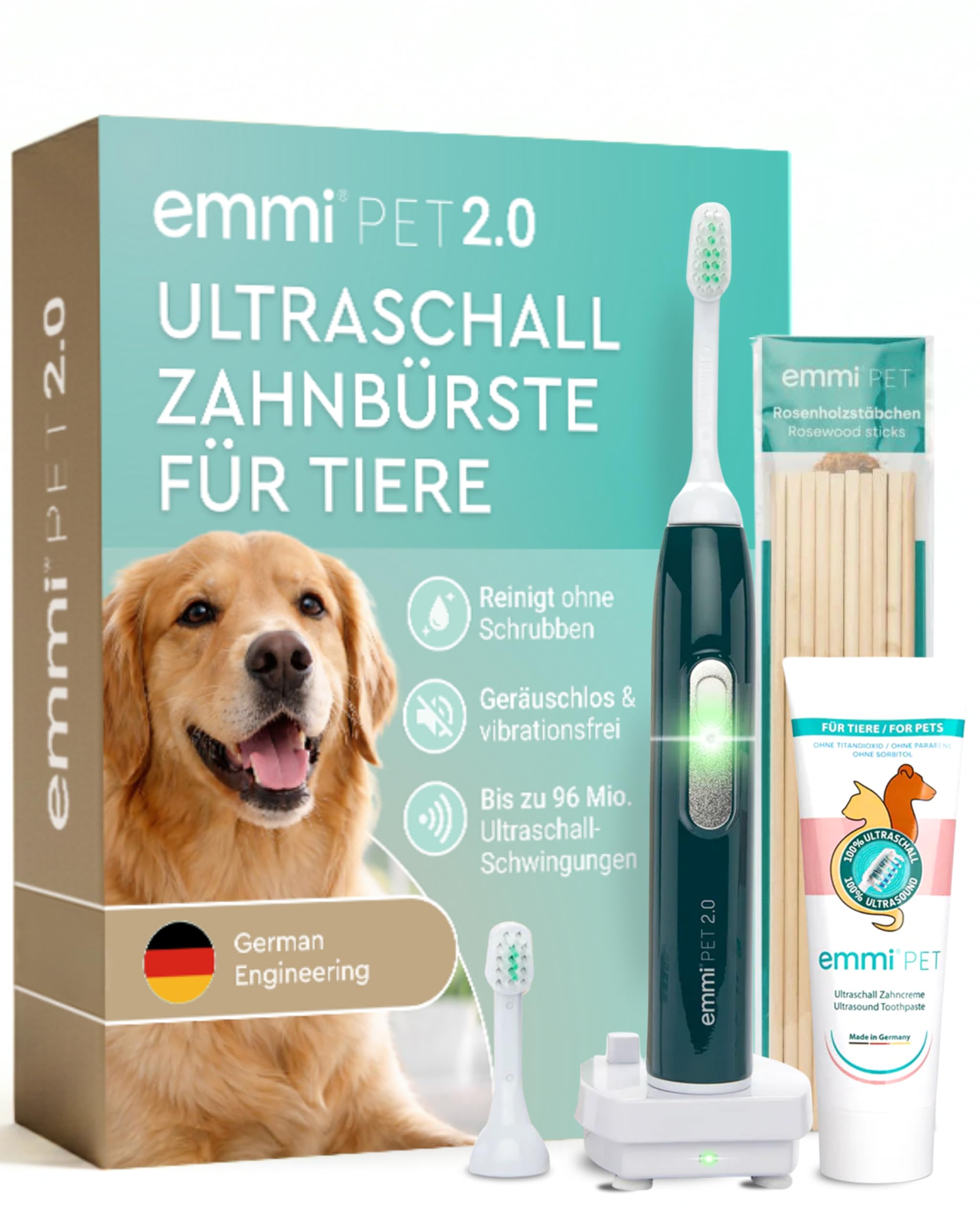 emmi-PET 2.0 Ultraschall-Zahnbürste für Hunde I Geräuschlose Hundezahnbürste gegen Zahnstein & Plaque I Schonende Zahnpflege ohne Schrubben I Zahnpflege Set inkl. Zahnpasta & Aufsätzen