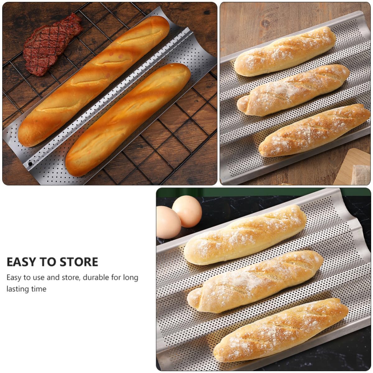 Antiadherentes 2 Moldes para Hornear Baguettes de Acero Inoxidable Plata y Fáciles de Limpiar, Ideales para Cocina en Casa y Panadería Casera