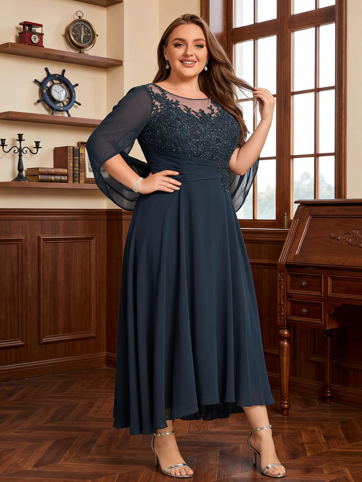 Große Größe Brautmutterkleid für Hochzeit,Damen Spitze Abendkleid mit Cape Chiffon Kleider für Hochzeitsgäste