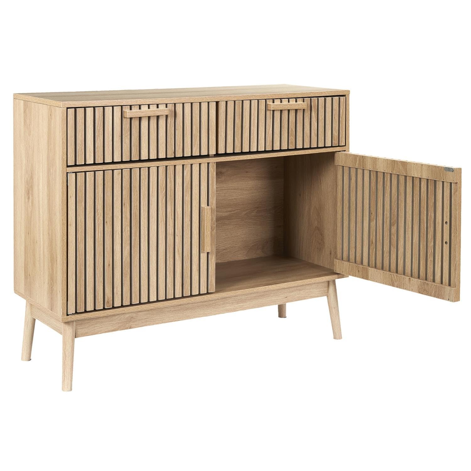 Commode Linea couleur chêne – Buffet avec 2 tiroirs et 2 portes, façades modernes avec fraisage vertical, meuble pour salon, salle à manger, couloir
