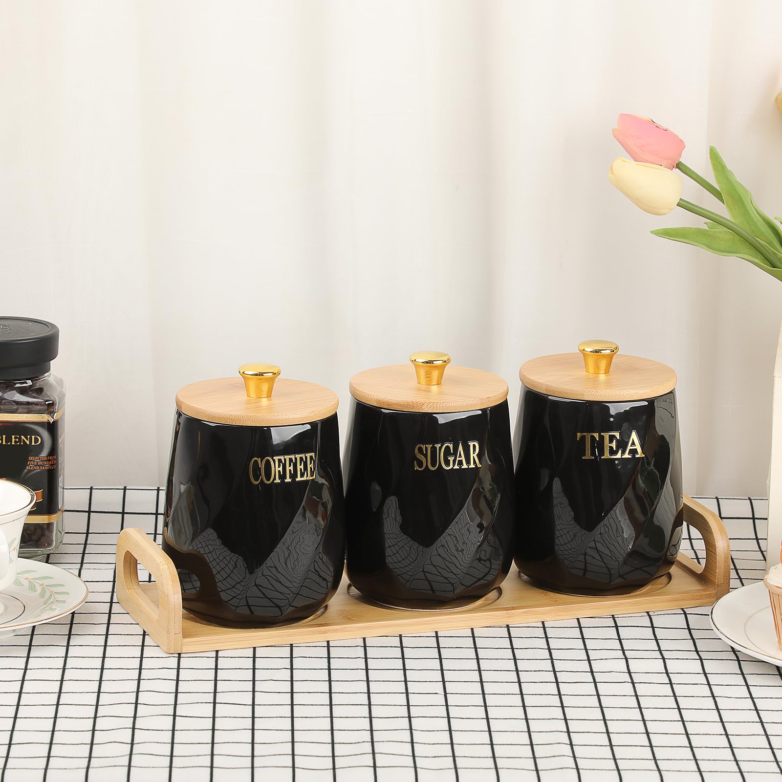 BTSKY Contenitori da cucina in ceramica con coperchio e vassoio, contenitori ermetici neri per zucchero, caffè, tè con vassoio in legno, barattoli per alimenti per bancone della cucina